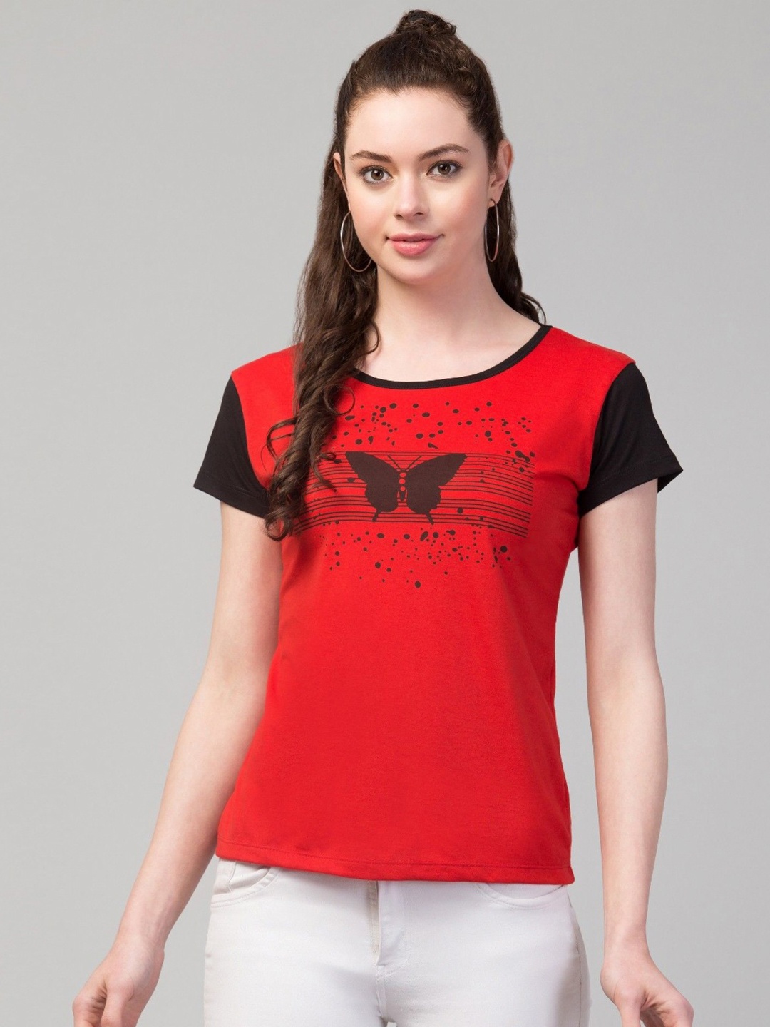 

CLOTHY Women Printed Extended Sleeves T-shirt, Red