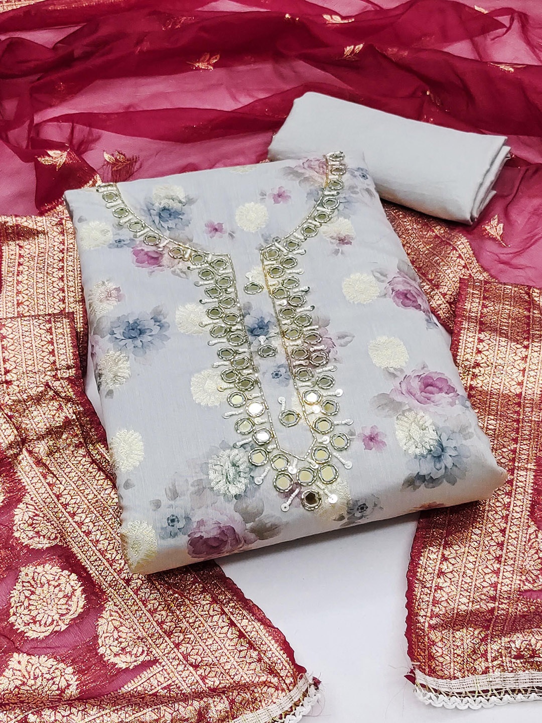 

SAINOOR Floral Printed Mirror Work Unstitched Dress Material, Grey
