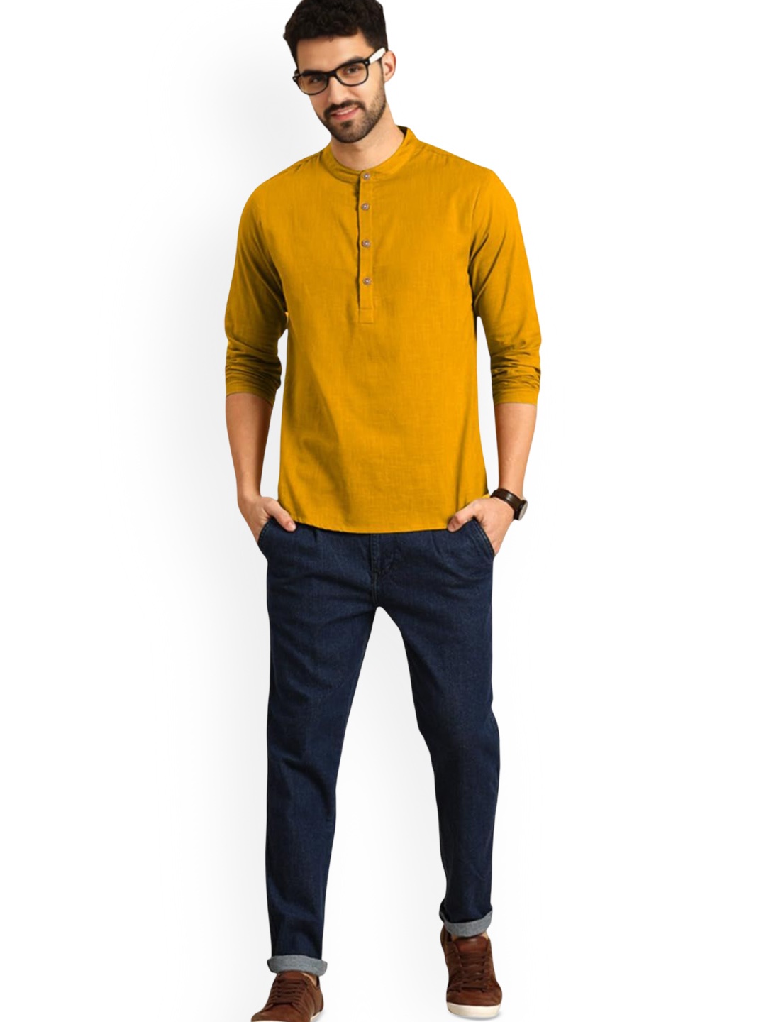 

Vida Loca Band Collar Cotton Straight Short Kurta, Yellow
