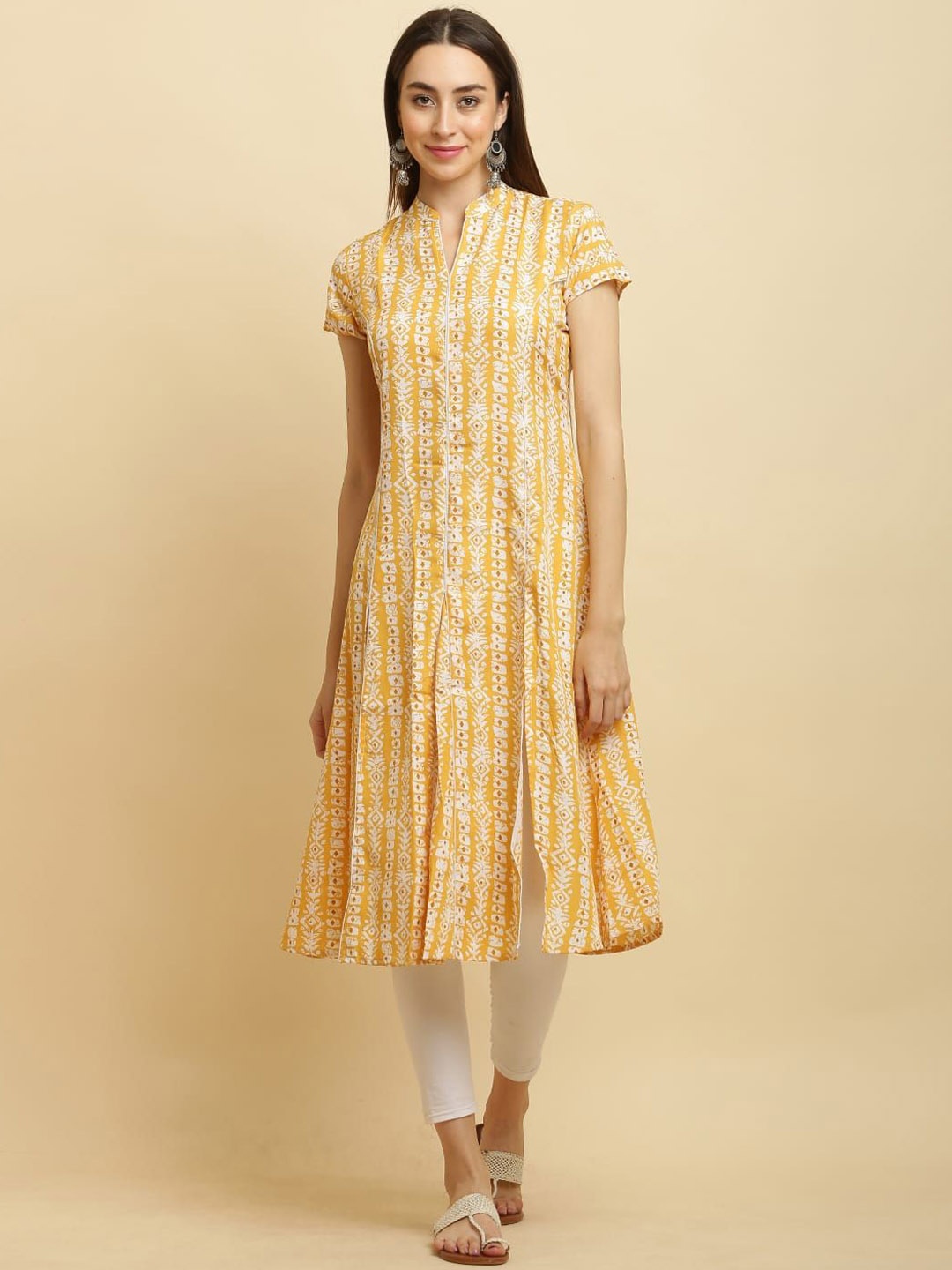 

EZIS FASHION Ethnic Motifs Printed Mandarin Collar A-Line Kurta, Yellow