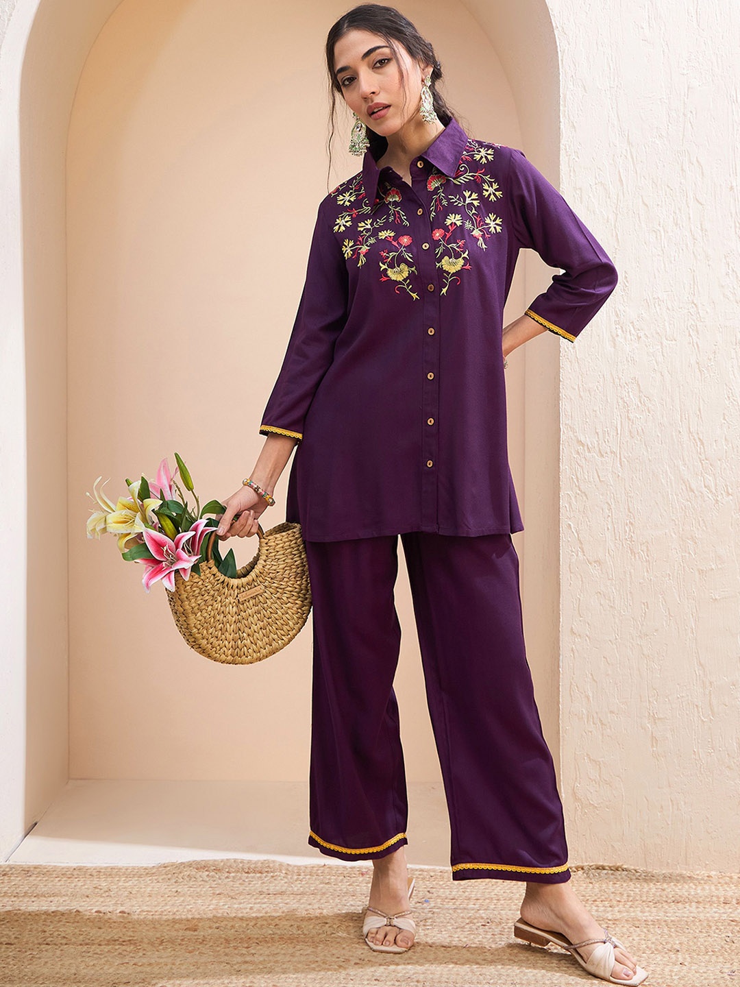 

Shae by SASSAFRAS Embroidered Shirt Collar Neck Shirt With Palazzo Co-Ords, Purple