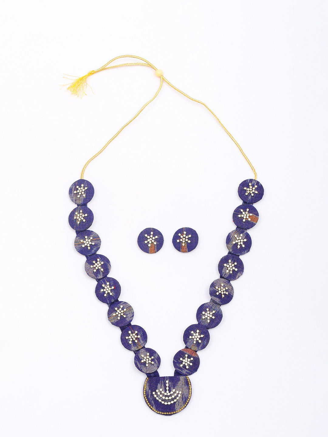 

Exotic India Stone Studded Handloom Sambalpuri Fabric Long Necklace & Earrings Set, Gold