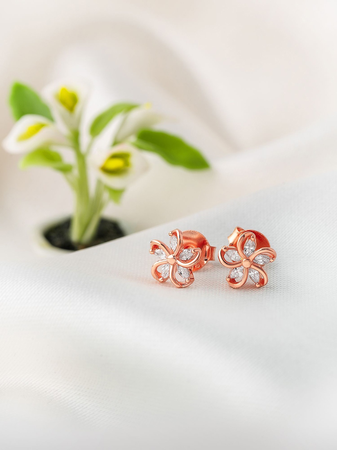 

SILBERRY 92.5 Sterling Silver Rose Gold-Plated CZ Contemporary Studs