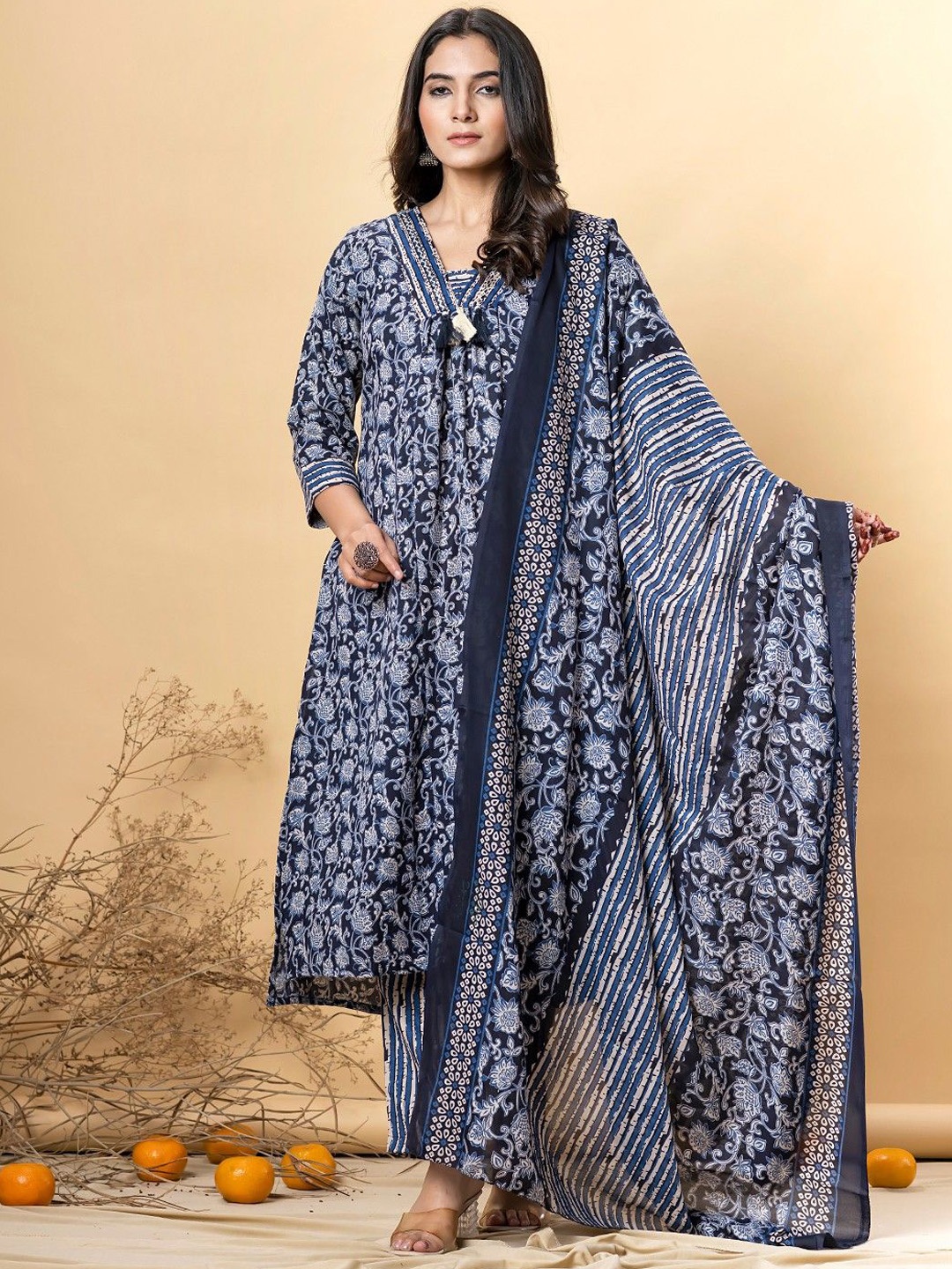 

Readiprint Floral Printed Pure Cotton A-Line Kurta With Trousers And Dupatta, Blue