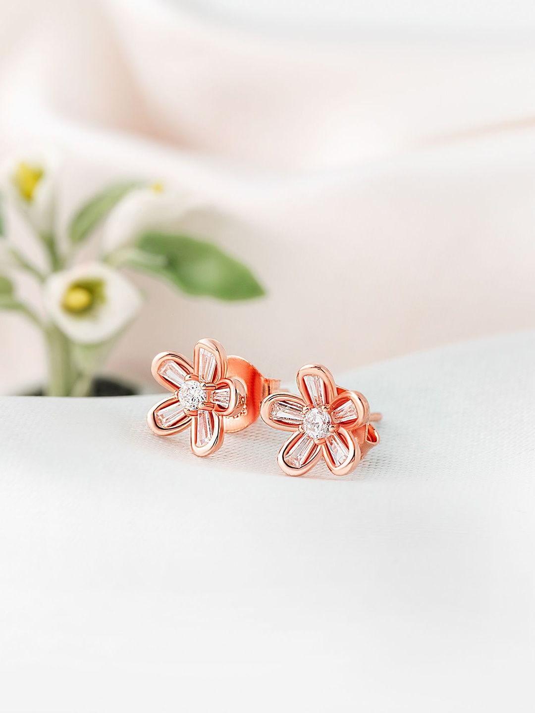 

SILBERRY 92.5 Sterling Silver Rose Gold-Plated CZ Contemporary Studs
