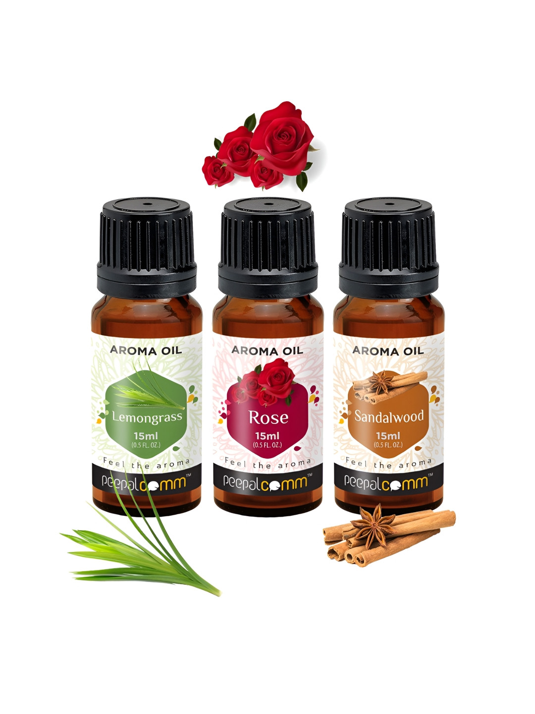 

PEEPALCOMM 3-Pcs Black Lemongrass Rose & Sandalwood Aroma Oils - 15 ml