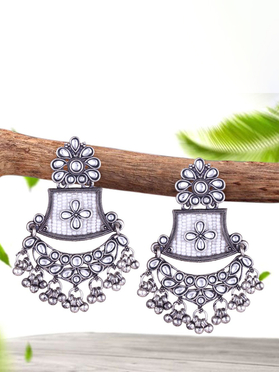 

DIVASTRI Silver-Plated Artificial Stones Studed Oxidized Contemporary Shaped Drop Earrings