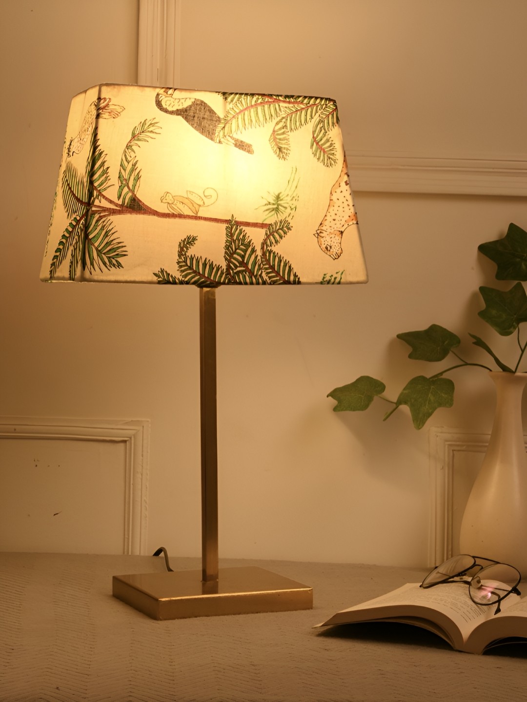 

green girgit Gold Toned & Cream Floral Printed Frustum Shaped Metal Table Lamp with Bulb