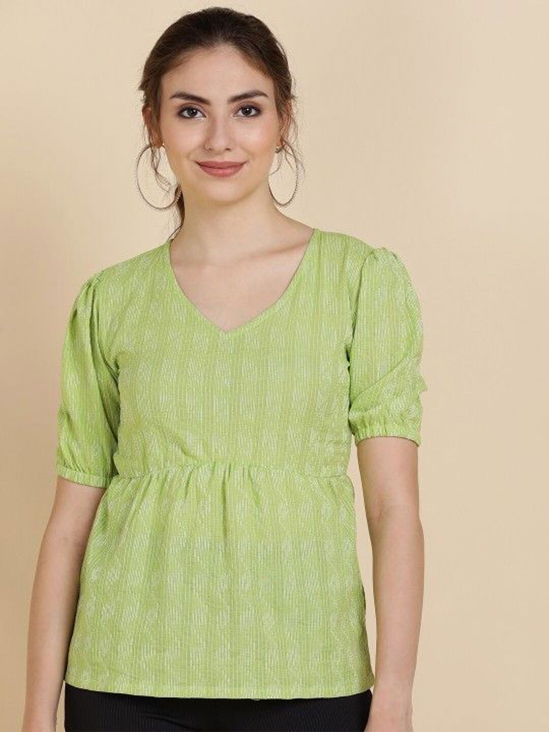 

DressBerry Puff Sleeve Cotton Top, Green