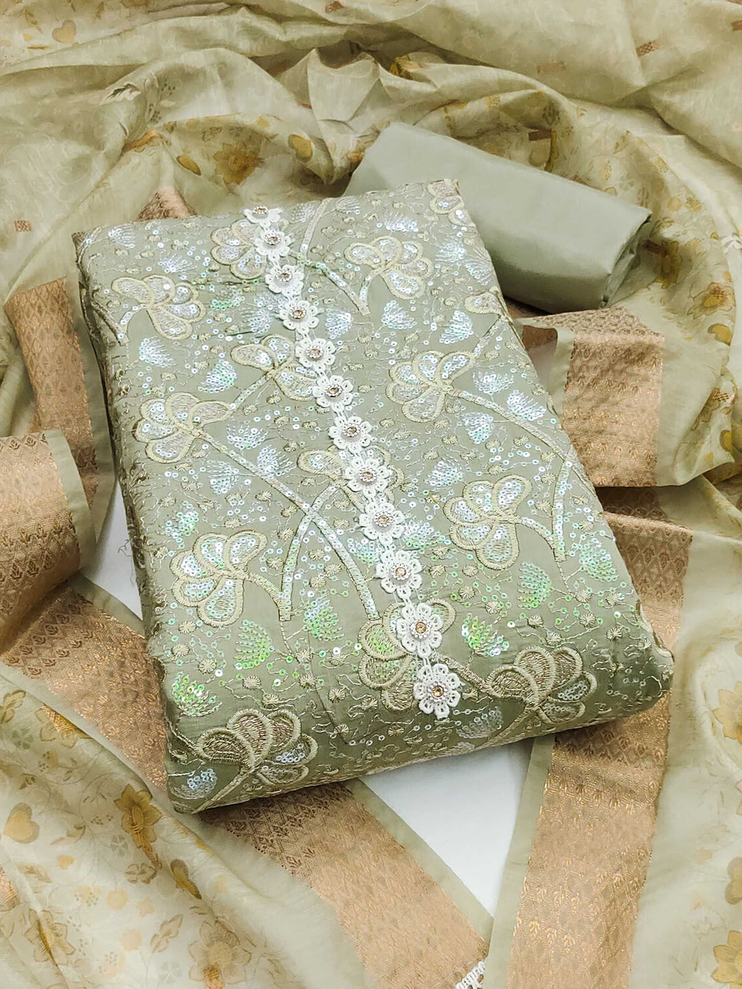 

SAINOOR Embroidered Sequinned Pure Silk Semi-Stitched Dress Material, Green