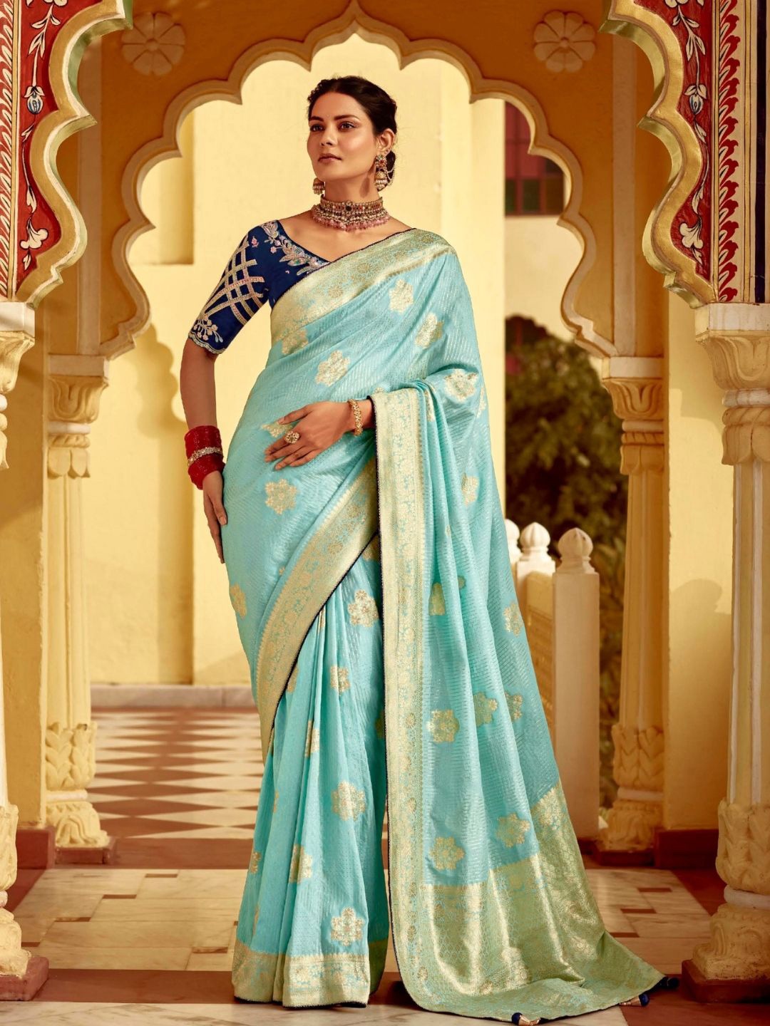 

DEVATITHI Woven Design Zari Yellow Banarasi Silk Saree, Blue