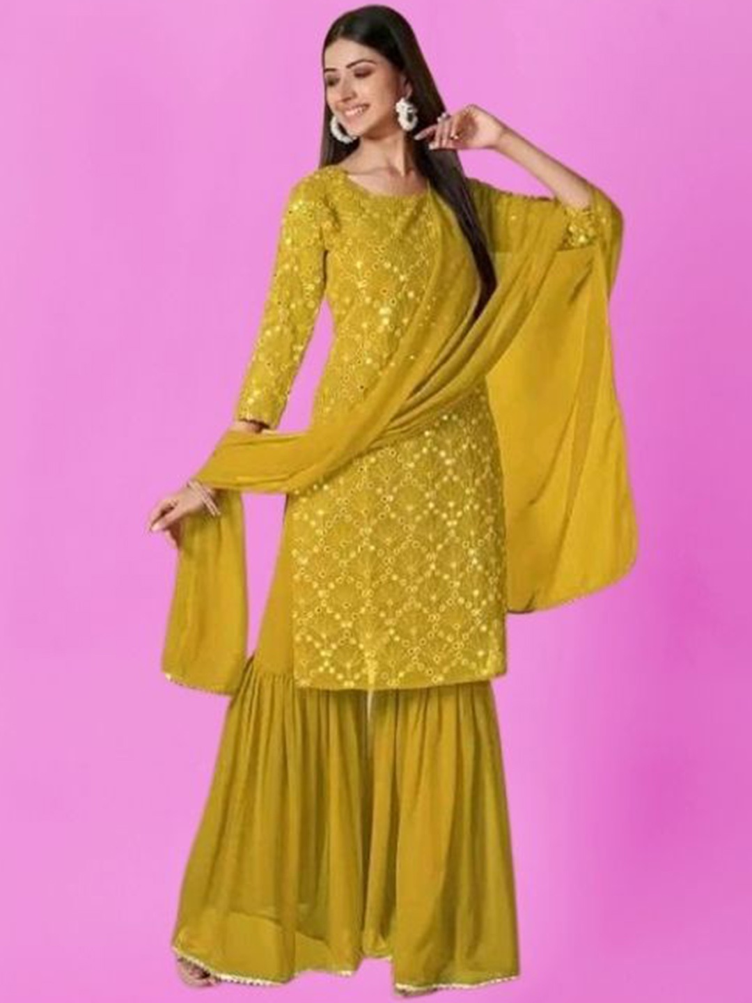 

PARROT CREATION Geometric Embroidered Thread Work Kurta With Sharara And Dupatta, Yellow