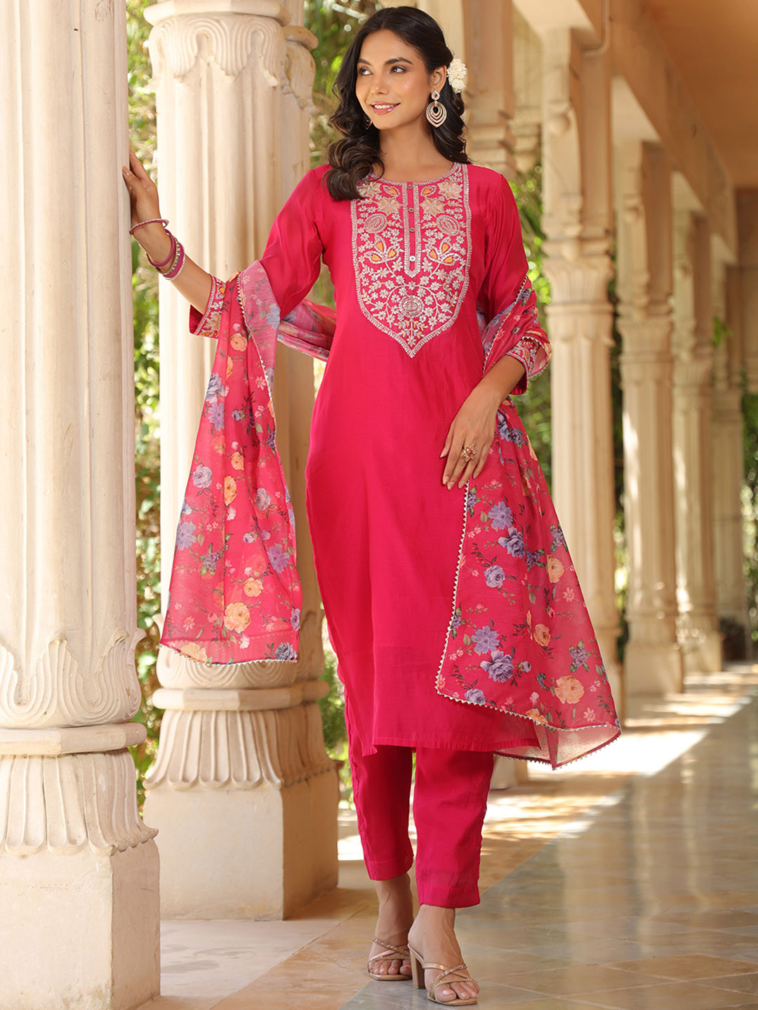 

KALINI Floral Embroidered Zari Chanderi Silk Straight Kurta With Trousers & Dupatta, Pink