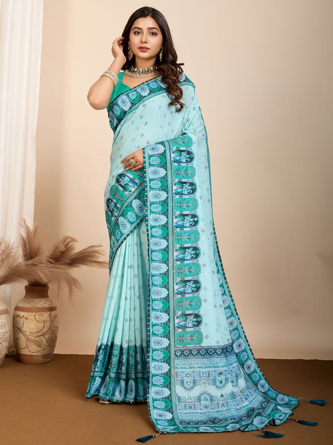 

Mitera Ethnic Motifs Mirror Work Pure Cotton Saree, Blue