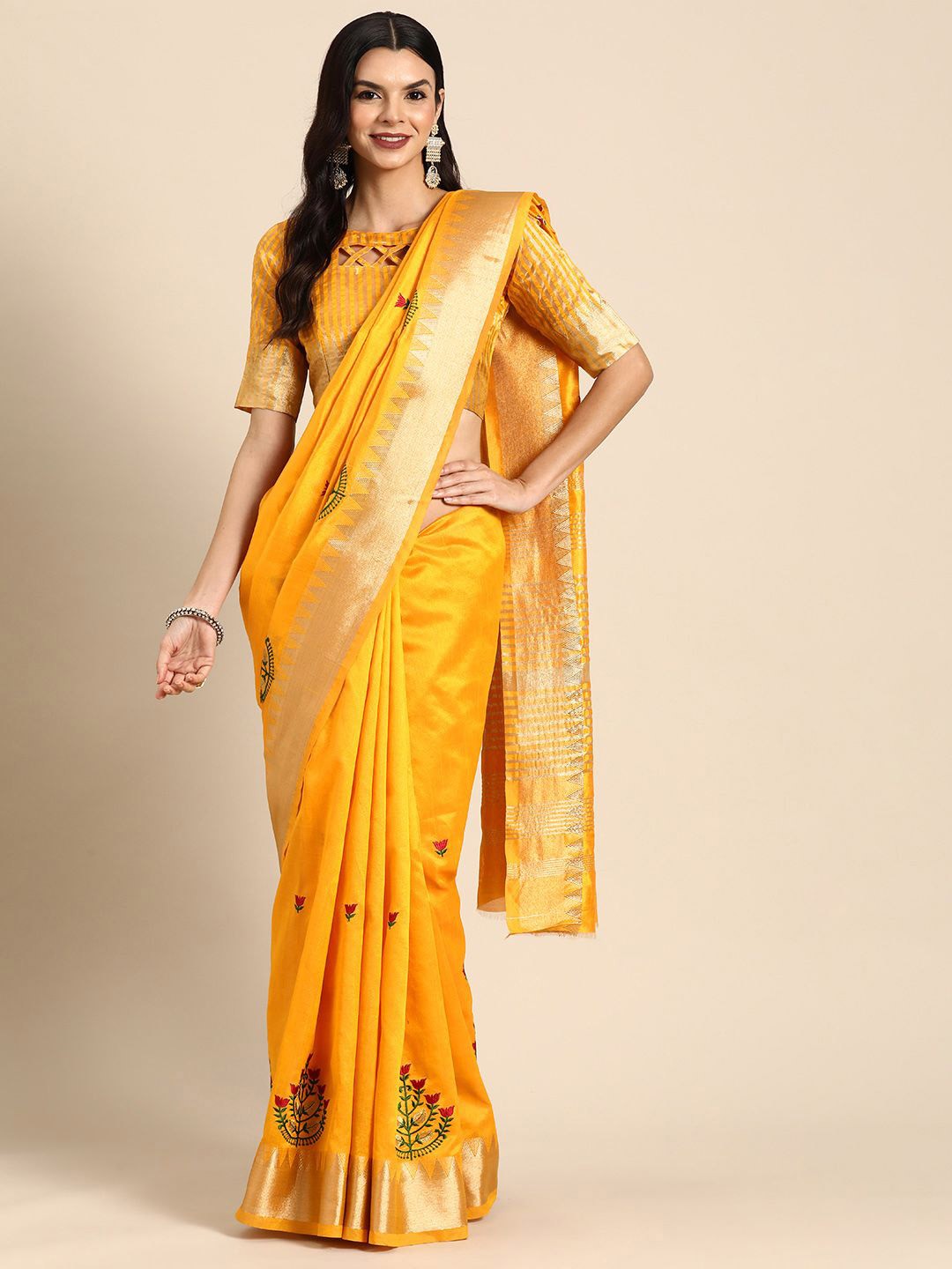 

DIVASTRI Woven Design Embroidered Silk Cotton Banarasi Saree, Yellow
