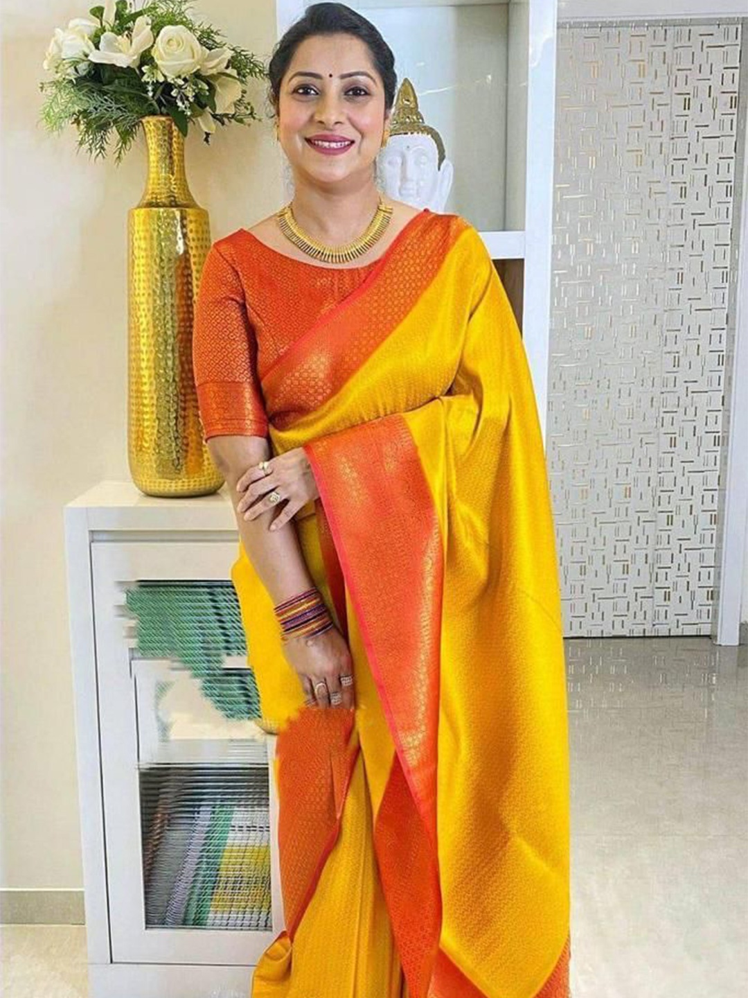 

A TO Z CART Woven Design Zari Pure Silk Banarasi Saree, Yellow