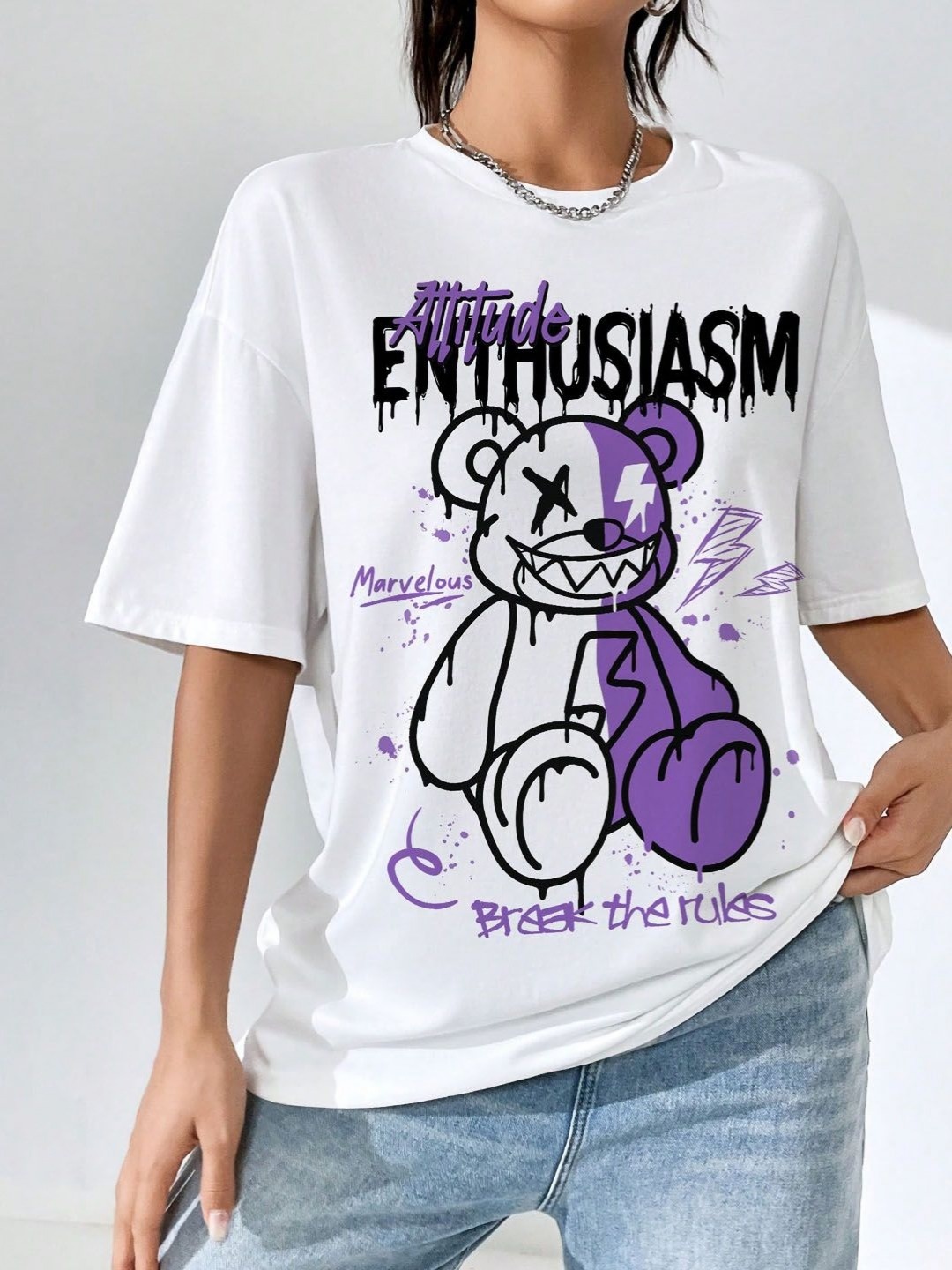 

CORSICA Women Graphic Printed Round Neck Cotton Oversized T-shirt, White