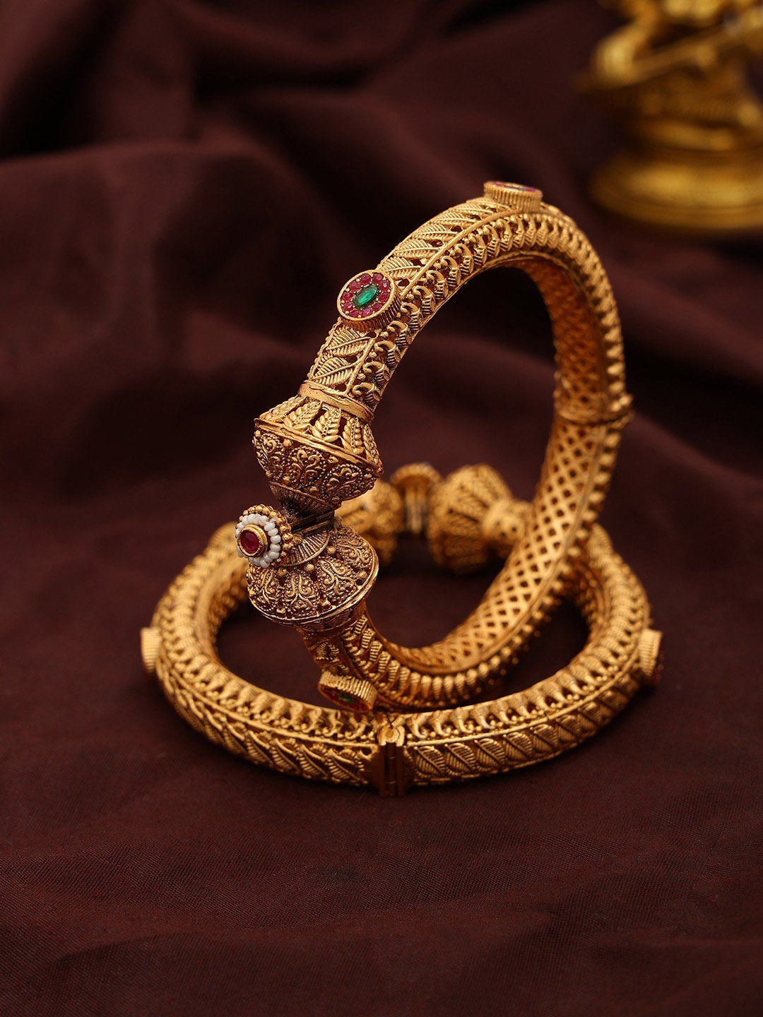 

Exotic India Set Of 2 Traditional Openable Kada Bangles with Studded Stone, Gold