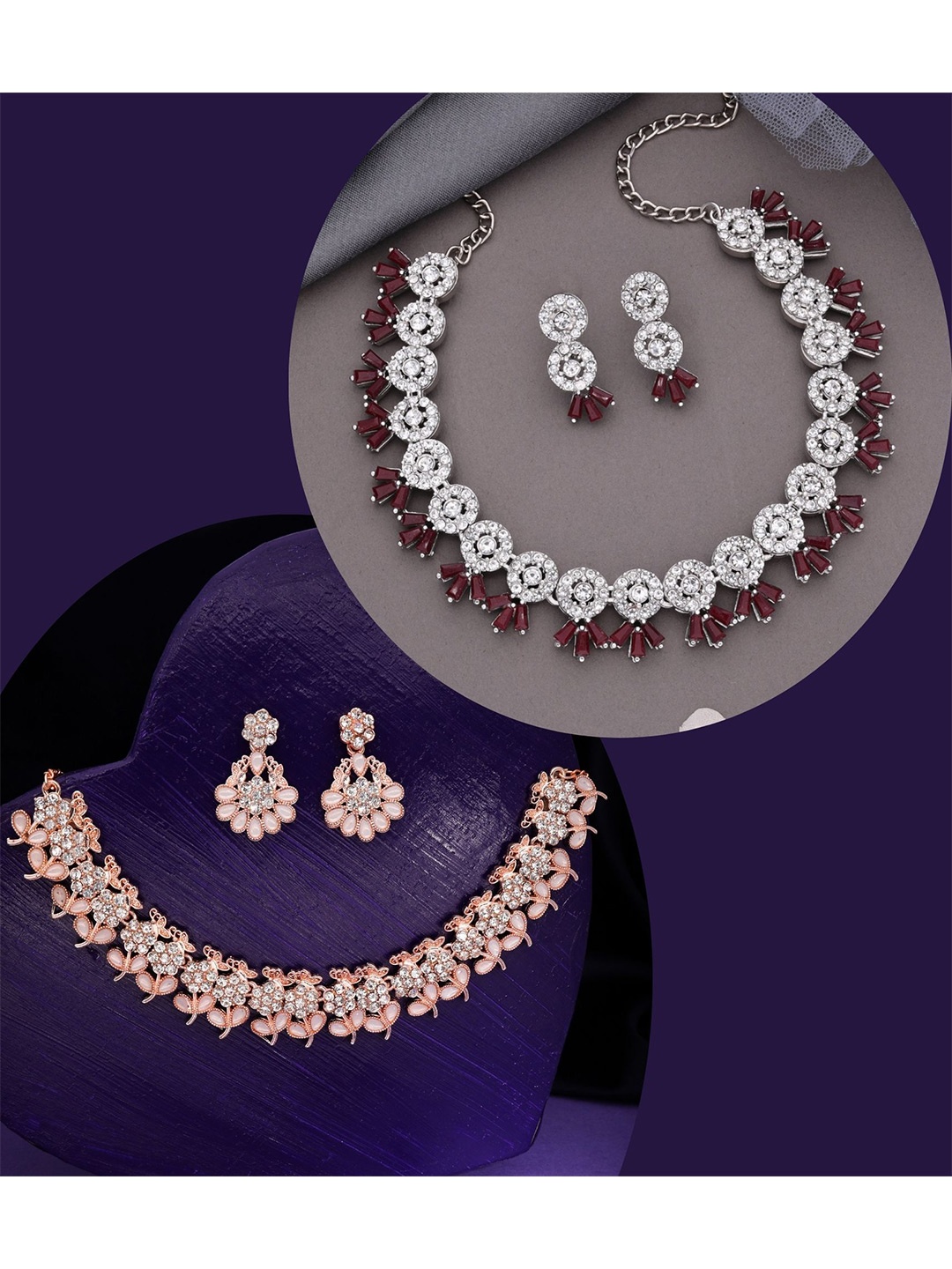 

DIVASTRI Pahal Set Of 2 Silver-Plated & Rose Gold-Plated AD Studded Jewellery Set