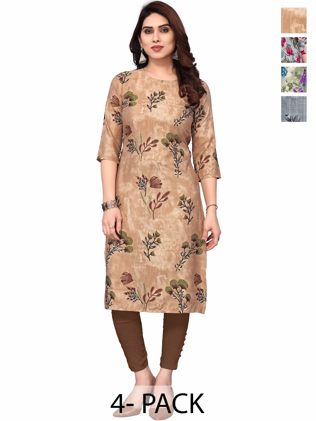 

KETAKI FASHION Selection Of 4 Floral Printed Round Neck Straight Kurtas, Beige