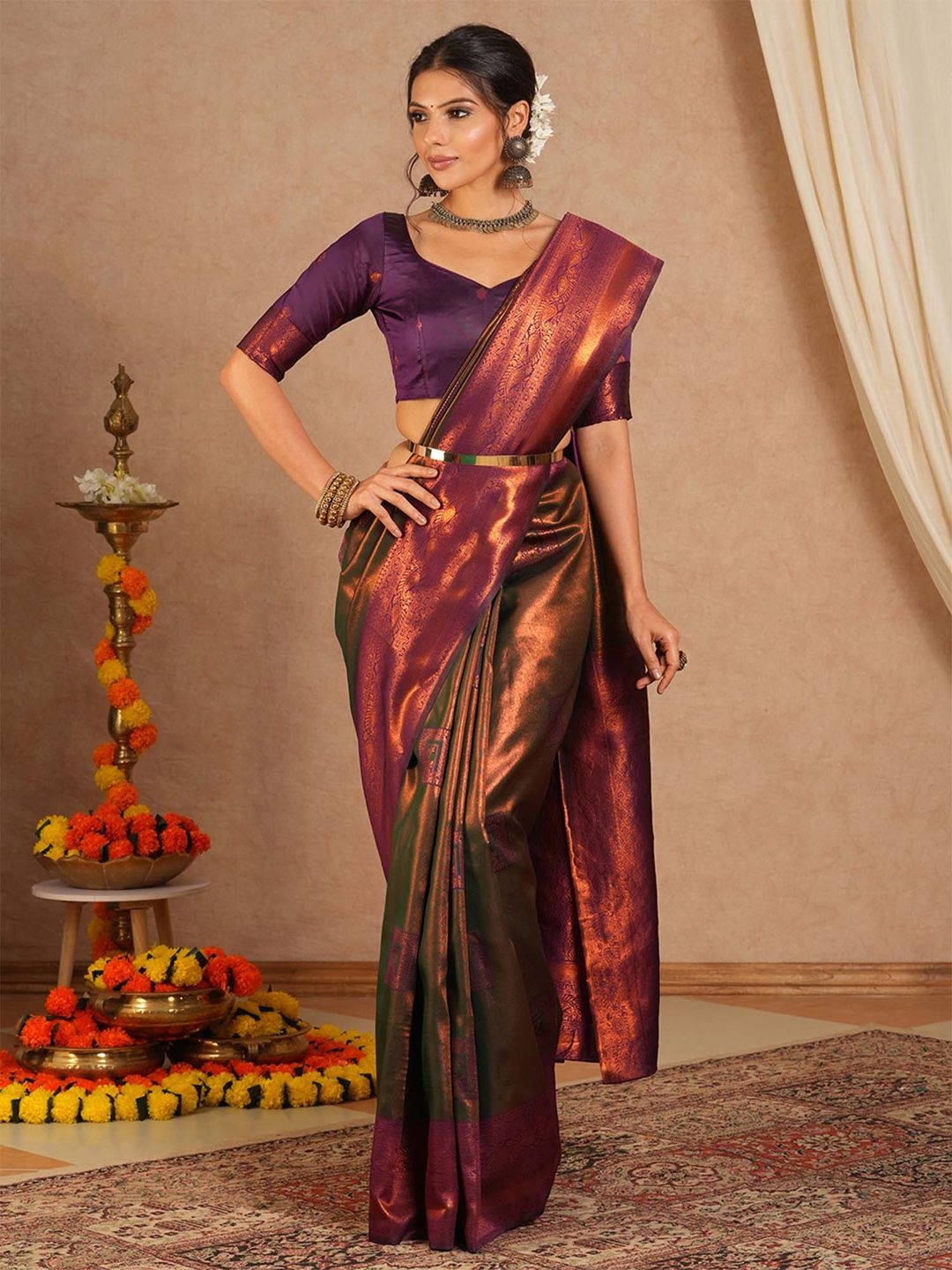 

Saree mall Ethnic Motifs Silk Blend Designer Kanjeevaram Sarees, Olive