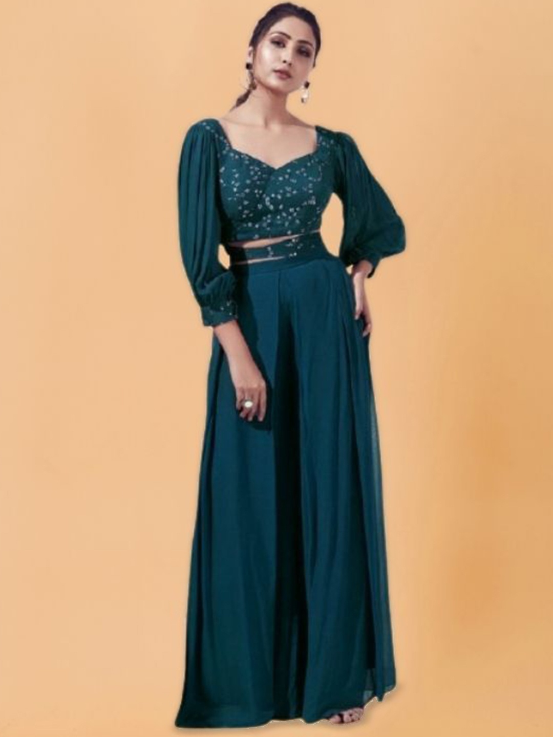 

PARROT CREATION Floral Embroidered Sweetheart Neck Crop Top With Palazzos, Teal
