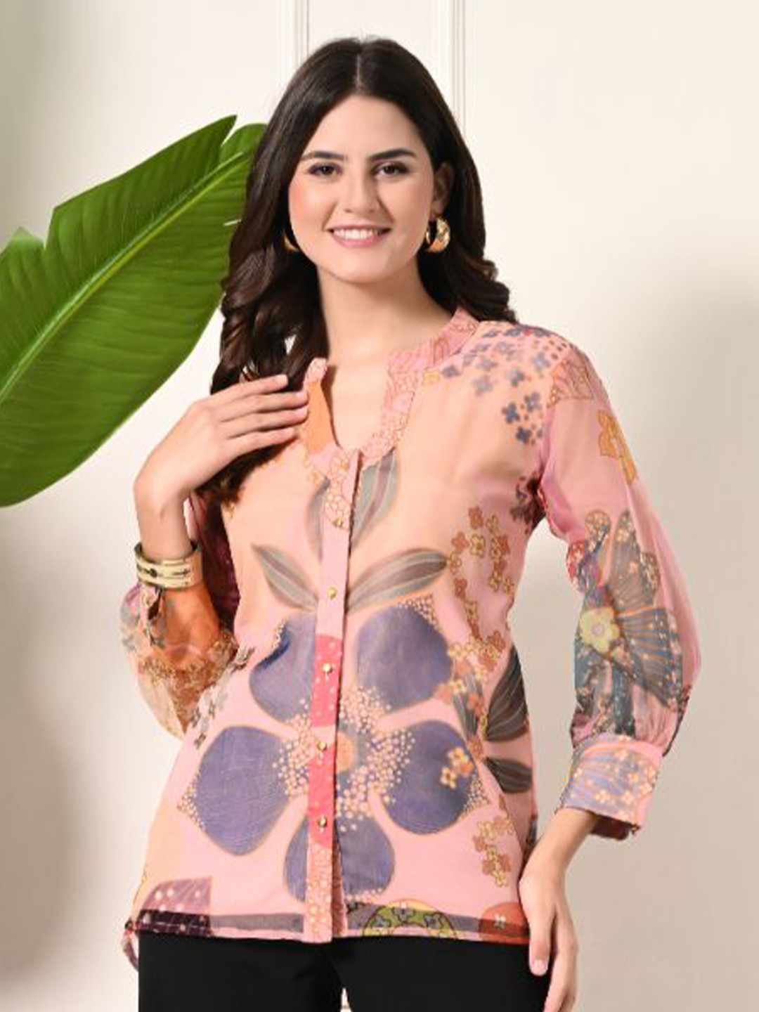 

LABEL KANUPRIYA Floral Print Shirt Style Top, Pink