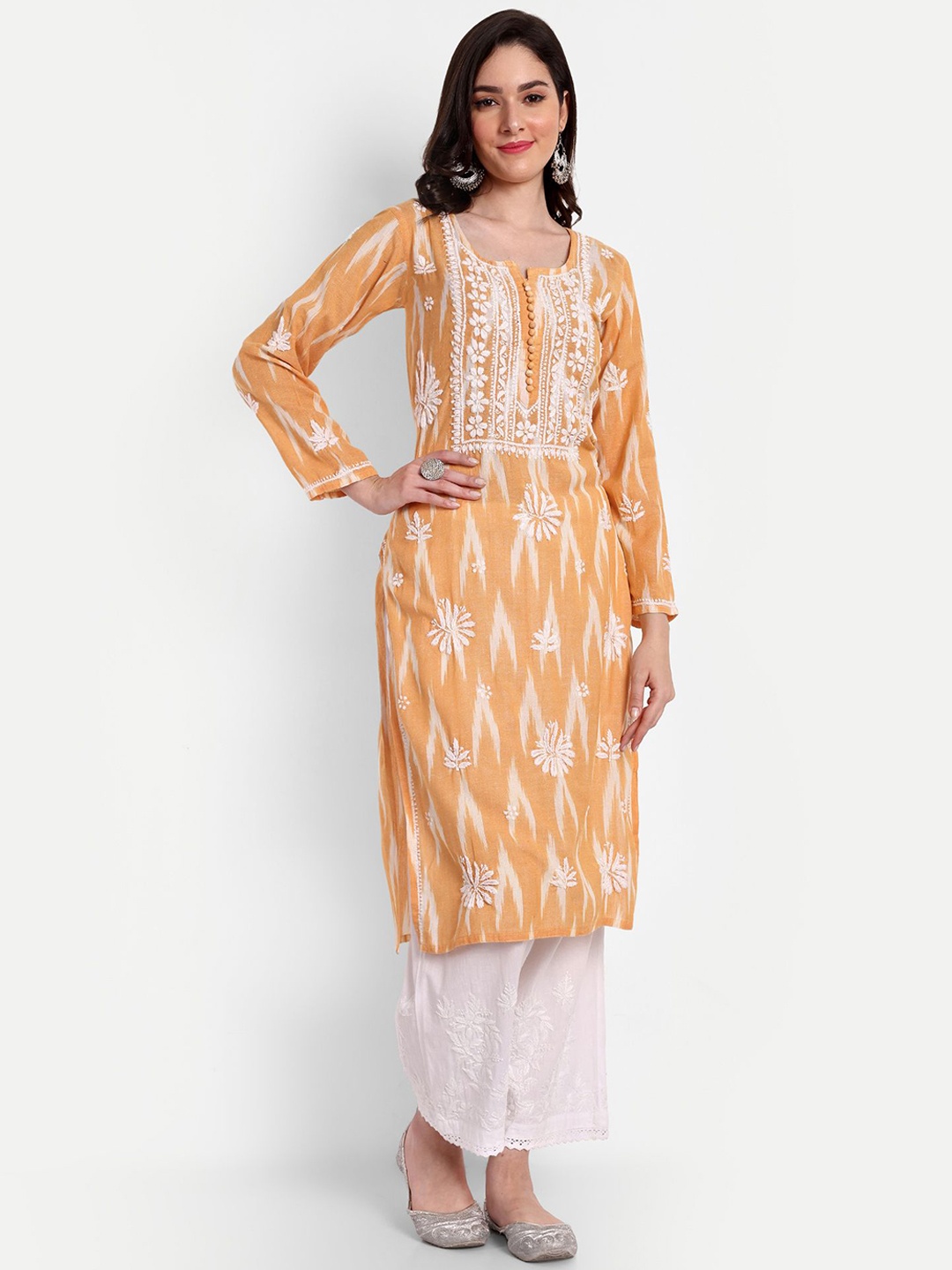 

Indiankala4u Geometric Printed Chikankari Notch Neck Pure Cotton Straight Kurta, Orange