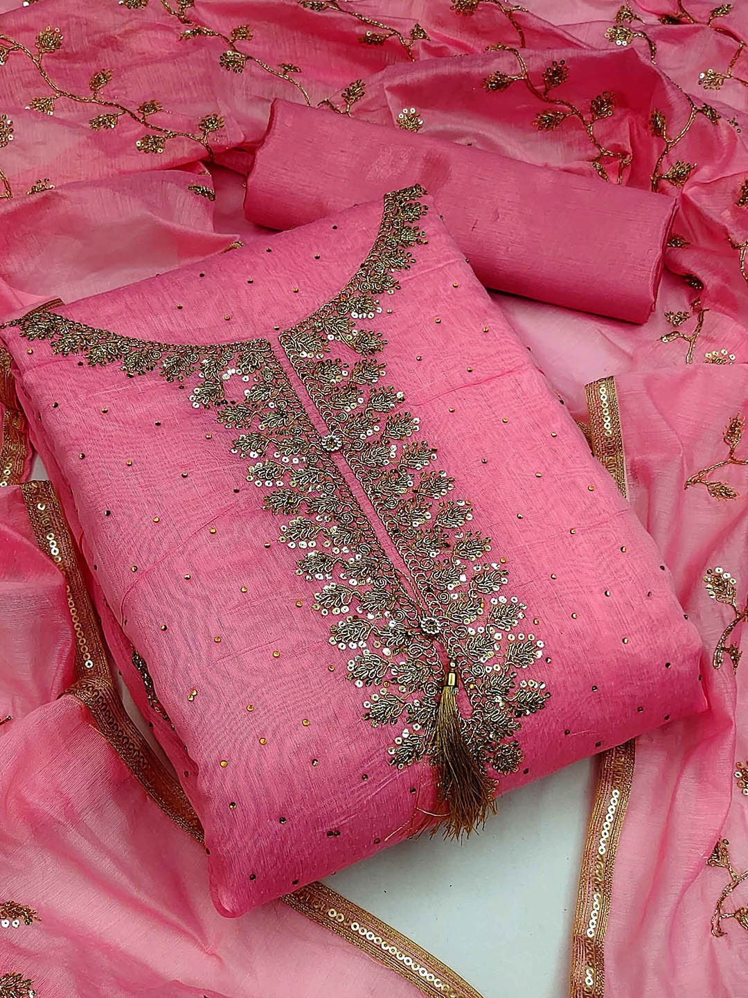 

RUDRAA FAB Floral Embroidered Sequinned Unstitched Dress Material, Pink