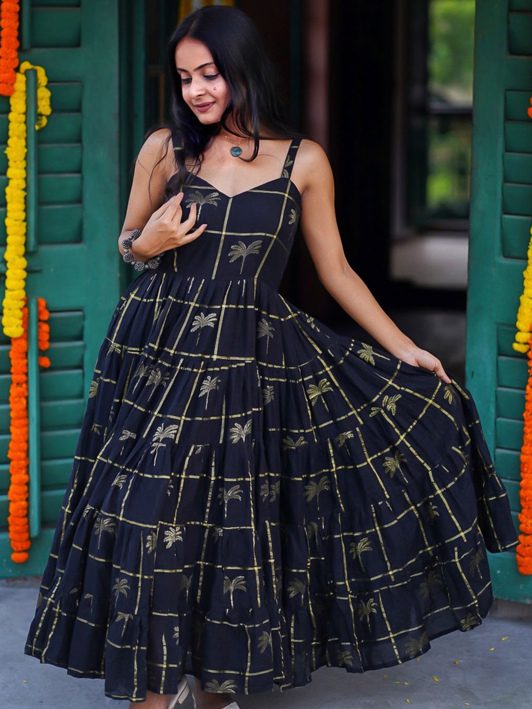

MONRI Ethnic Motifs Pure Cotton Midi Ethnic Dresses, Black