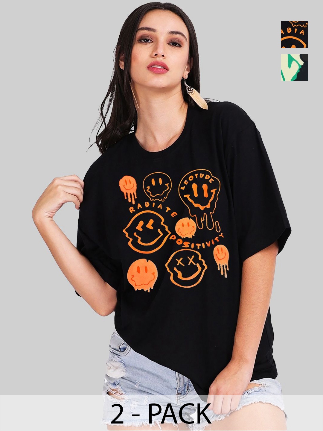 

Leotude Women Pack Of 2 Graphic Printed Round Neck Cotton Oversized T-shirts, Black