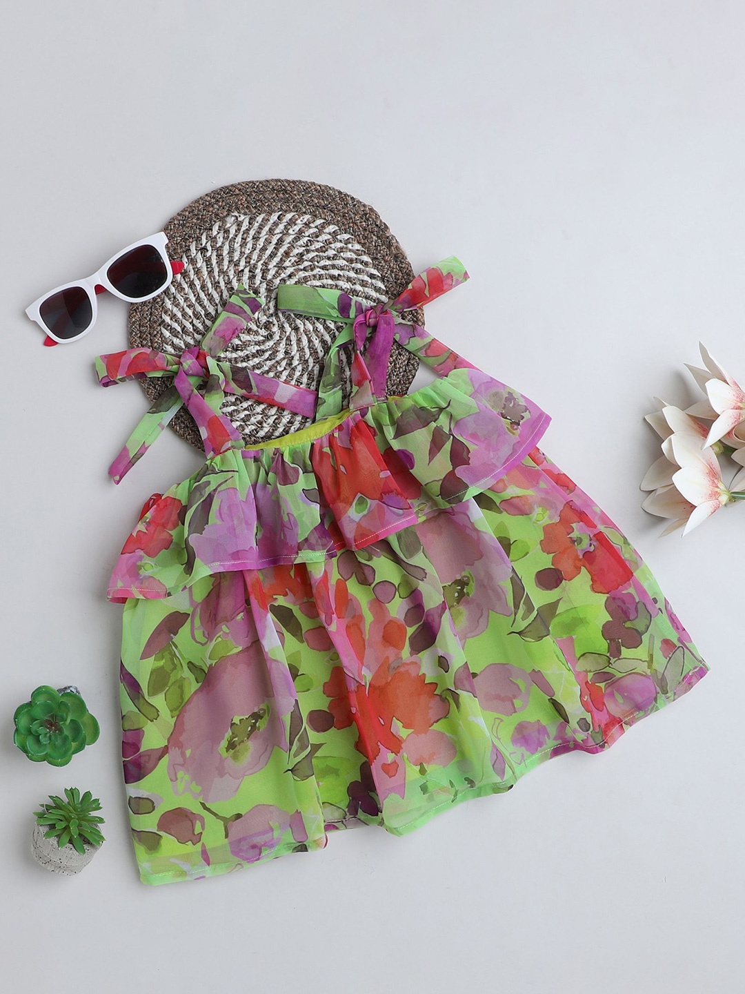 

MANY FROCKS & Floral Print Flutter Sleeve Georgette Fit & Flare Dress, Green