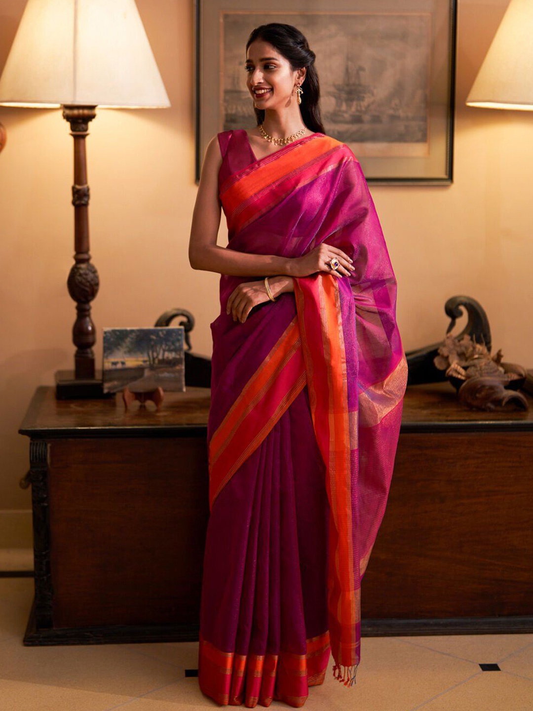 

Taneira Woven Design Zari Silk Cotton Saree, Purple