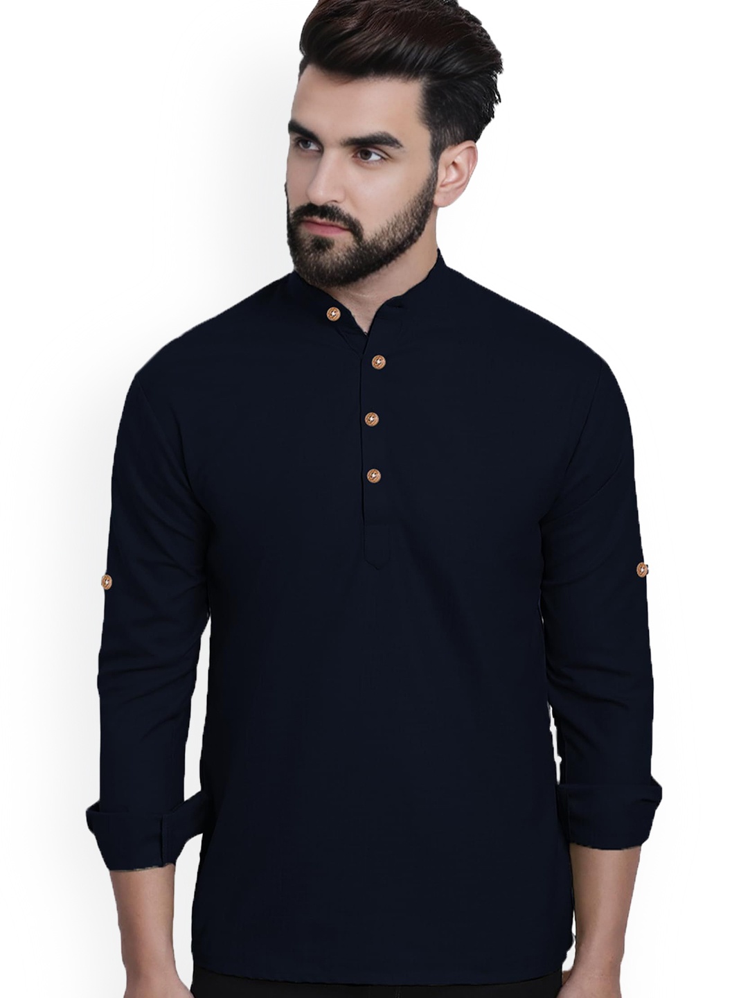 

Vida Loca Band Collar Cotton Straight Short Kurta, Navy blue