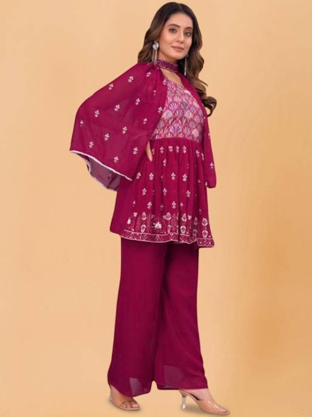 

PARROT CREATION Floral Embroidered V-Neck Georgette A-Line Kurti With Palazzos And Cape, Pink