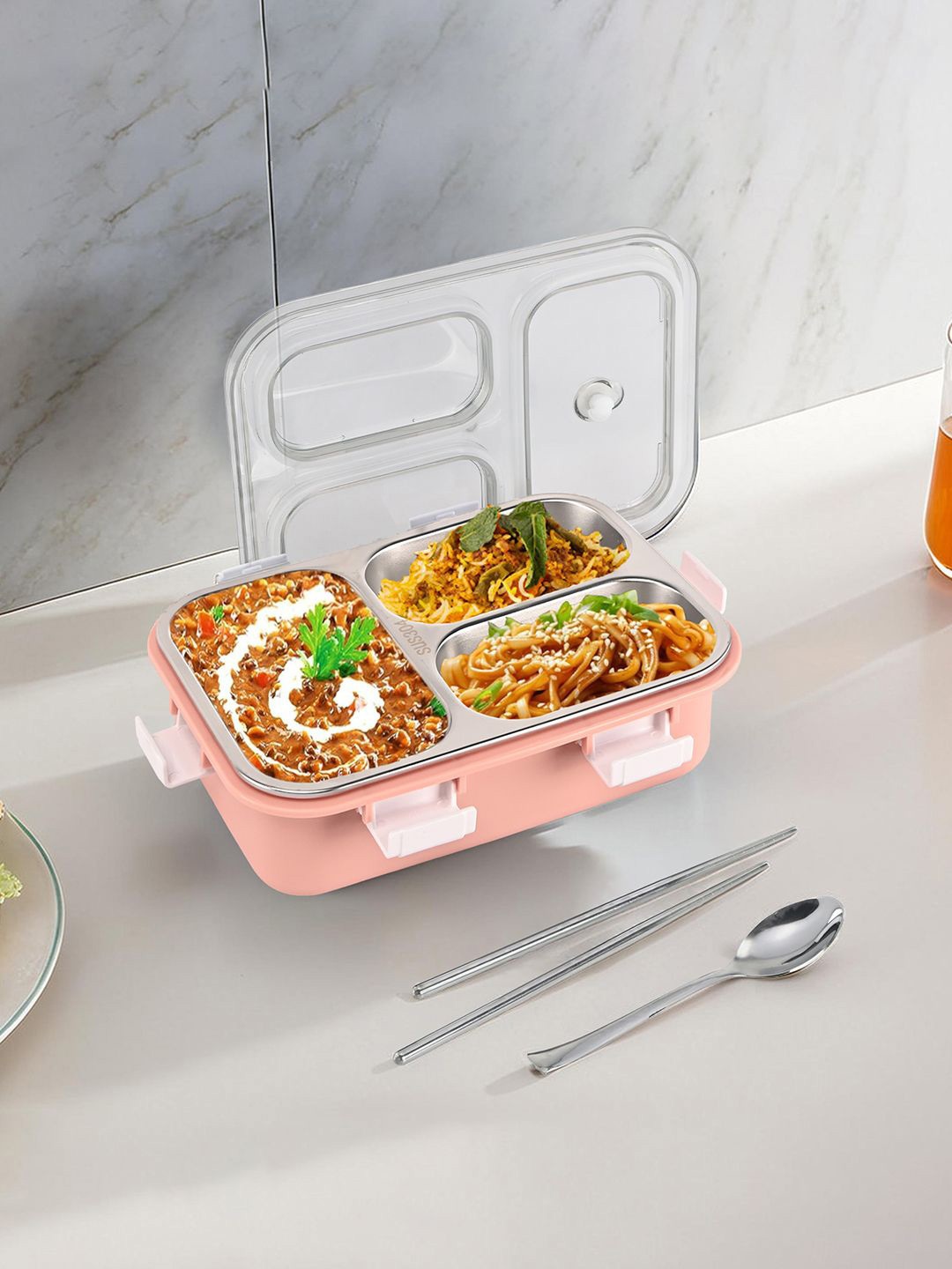 

Kuber Industries Pink & Grey Stainless Steel 3-Compartment Lunch Box Set 750 ml