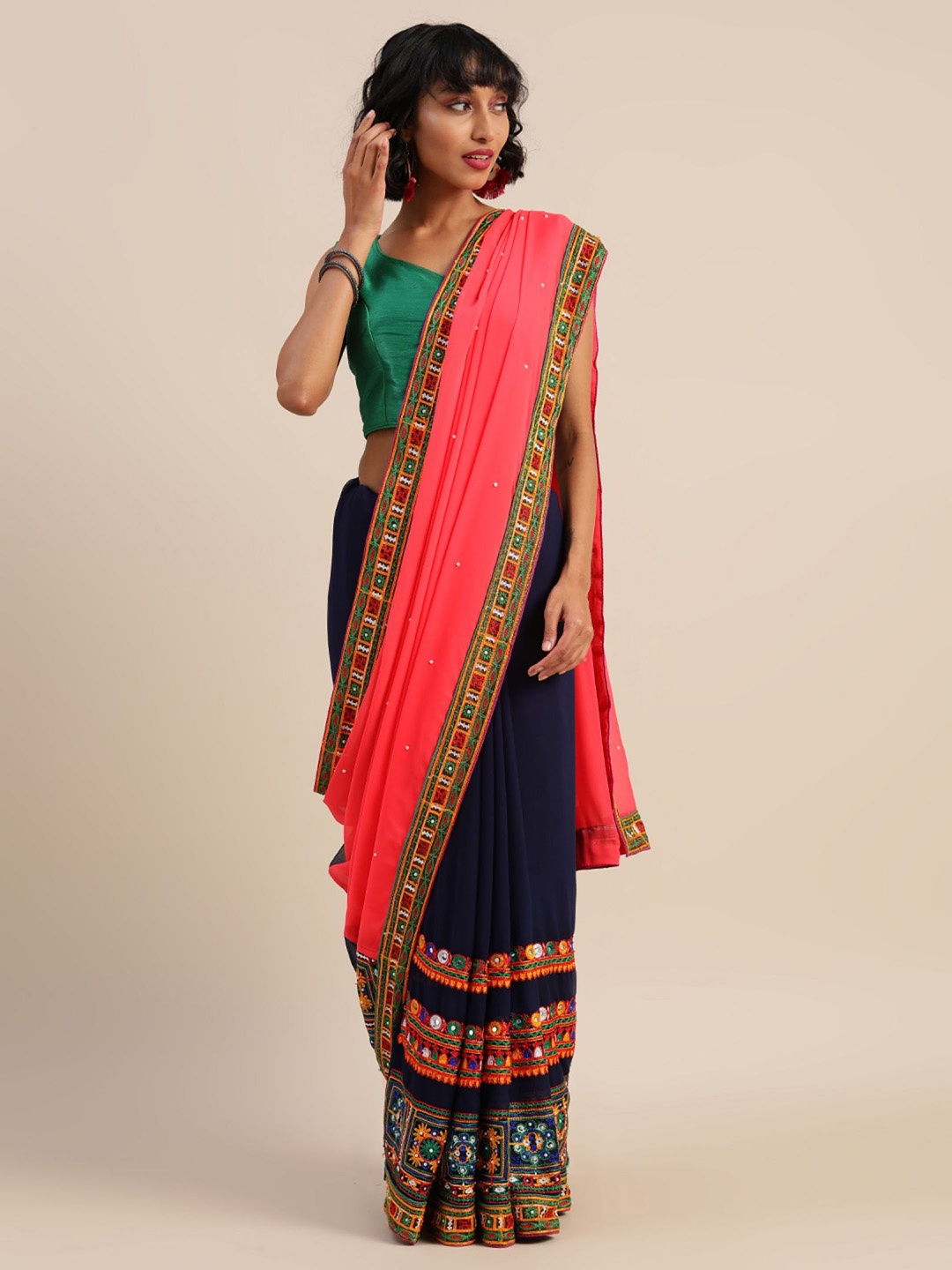 

DIVASTRI Embellished Kutchi Embroidery Pure Georgette Half and Half Saree, Pink