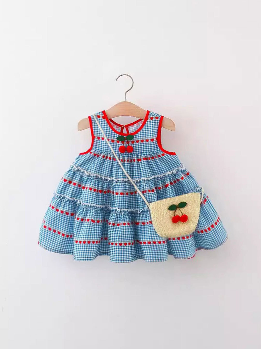 

LULU & SKY Girls Checked Round Neck Cotton Fit & Flare Dress with a Bag, Blue