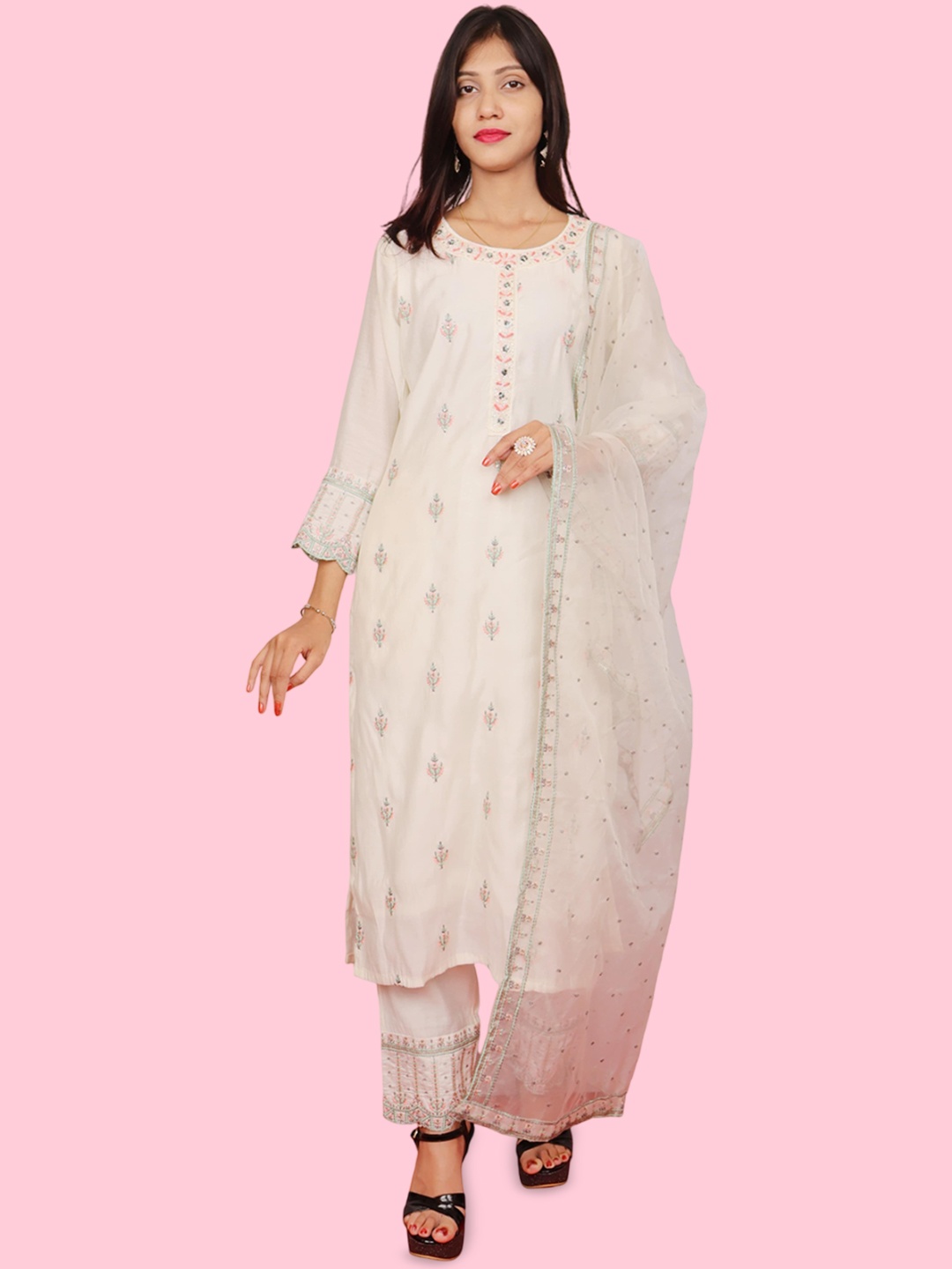 

Shreekama Floral Embroidered Thread Work Round Neck Kurta With Trousers & Dupatta, Off white