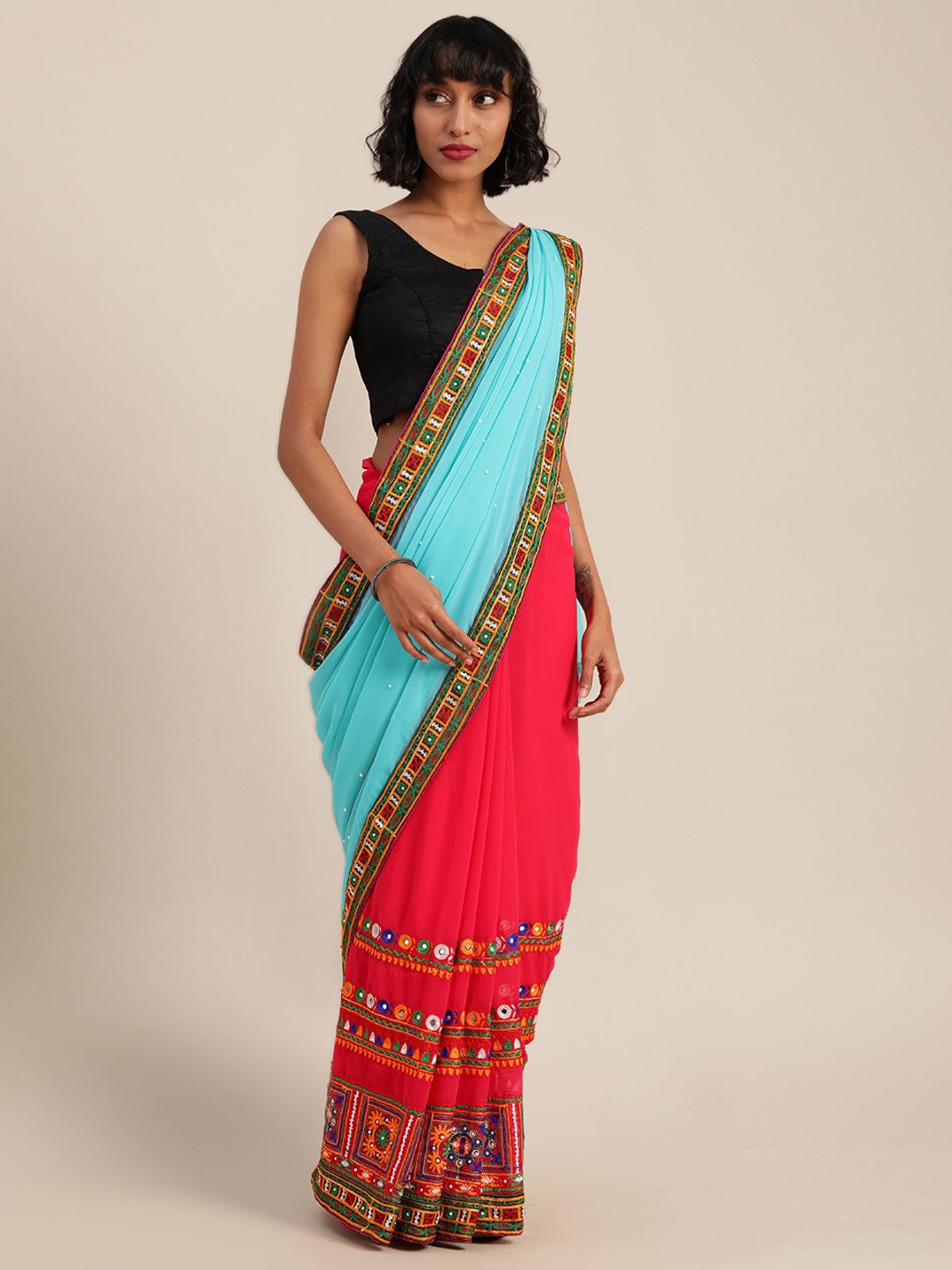 

DIVASTRI Embellished Embroidered Pure Georgette Half and Half Saree, Turquoise blue
