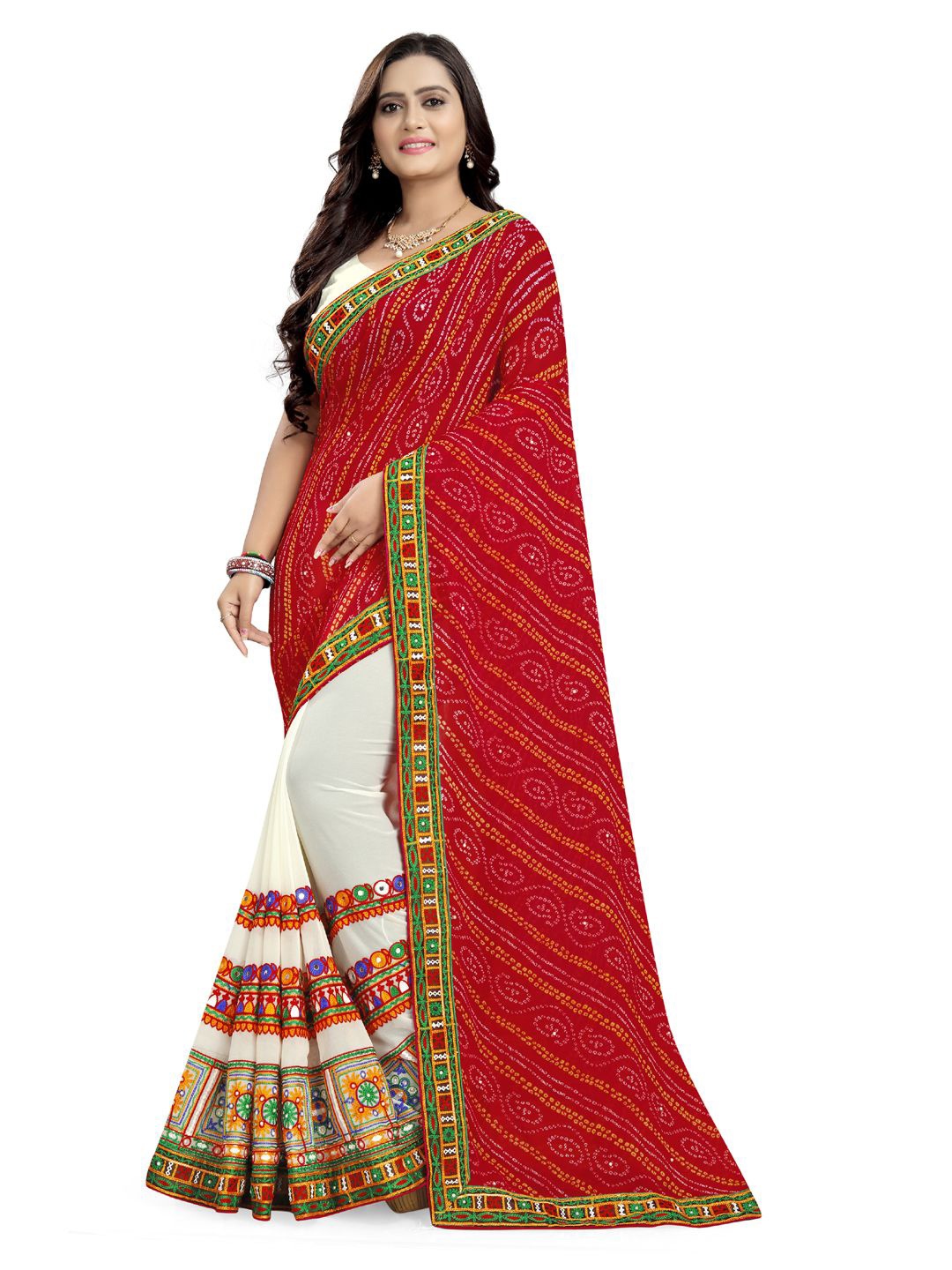 

DIVASTRI Bandhani Mirror Work Poly Georgette Half and Half Saree, Red