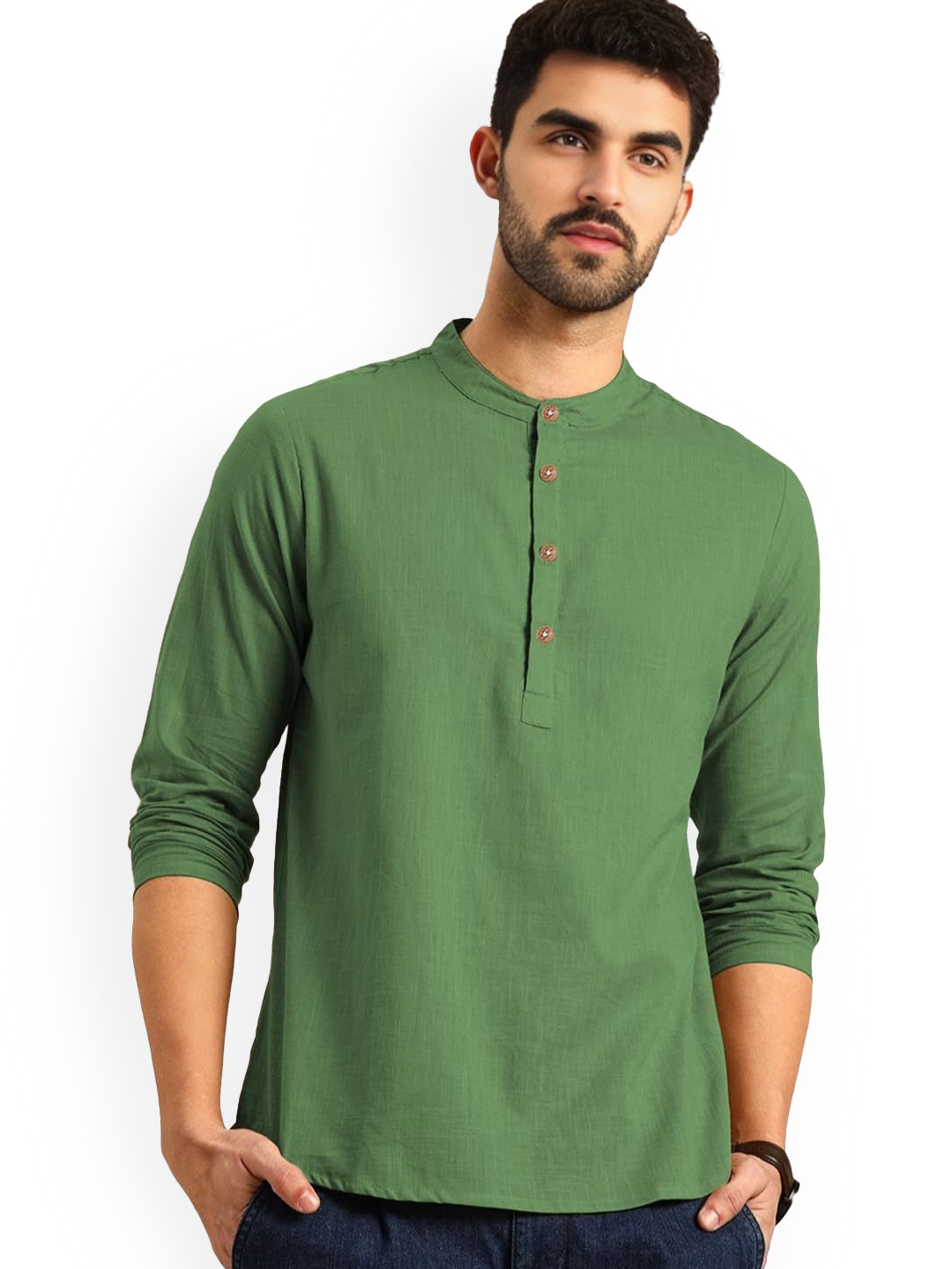 

Vida Loca Cotton Slim Fit Mandarin Collar Short Kurta, Green