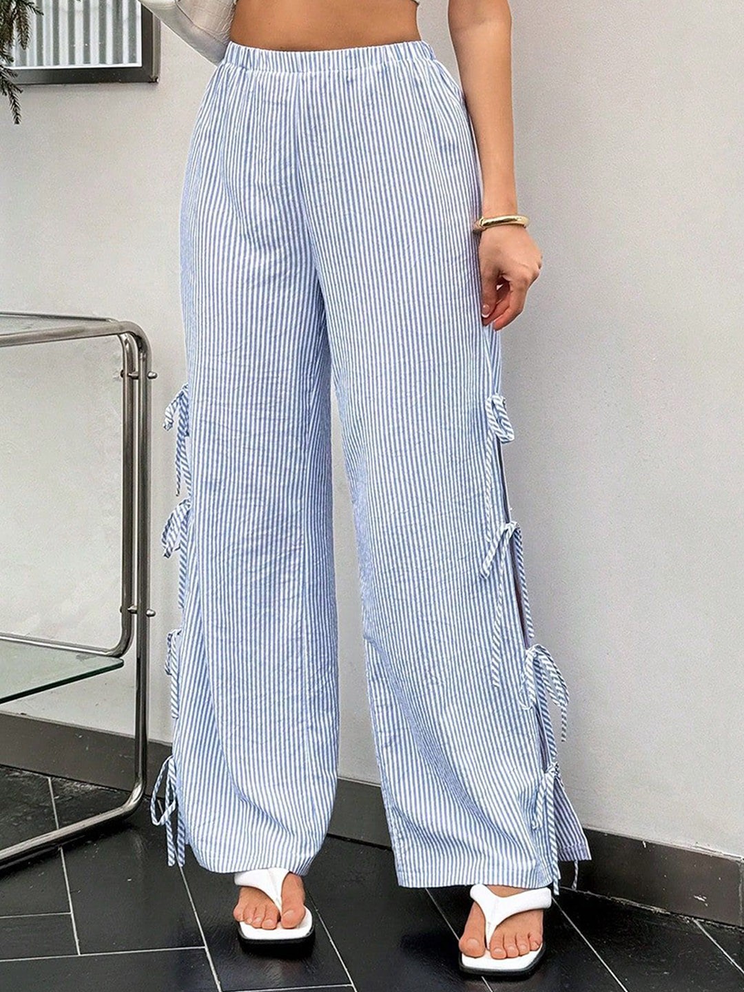 

HIGH BUY Women Striped Relaxed High-Rise Easy Wash Trousers, Blue