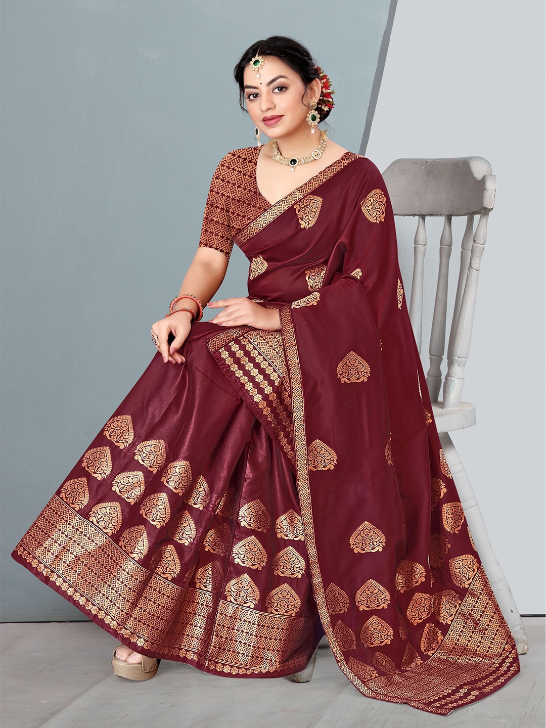 

KAMDAR Paat Silk Copper Zari Woven Design Assamese Mekhela Chador, Maroon