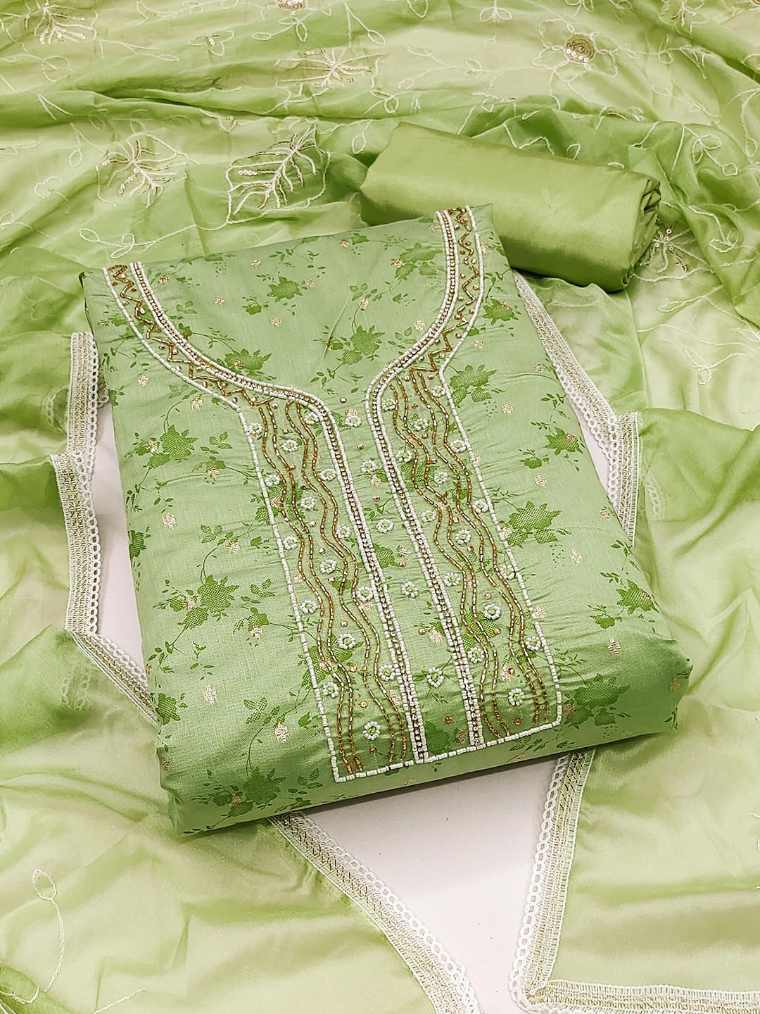 

SAINOOR Floral Printed Beads and Stones Unstitched Dress Material, Green