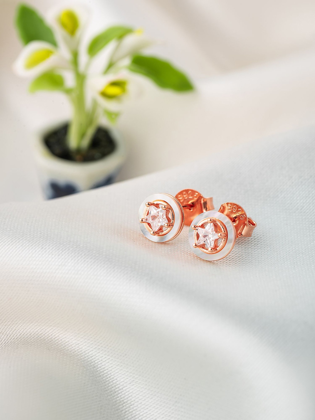 

SILBERRY 92.5 Sterling Silver Rose Gold-Plated CZ Contemporary Studs