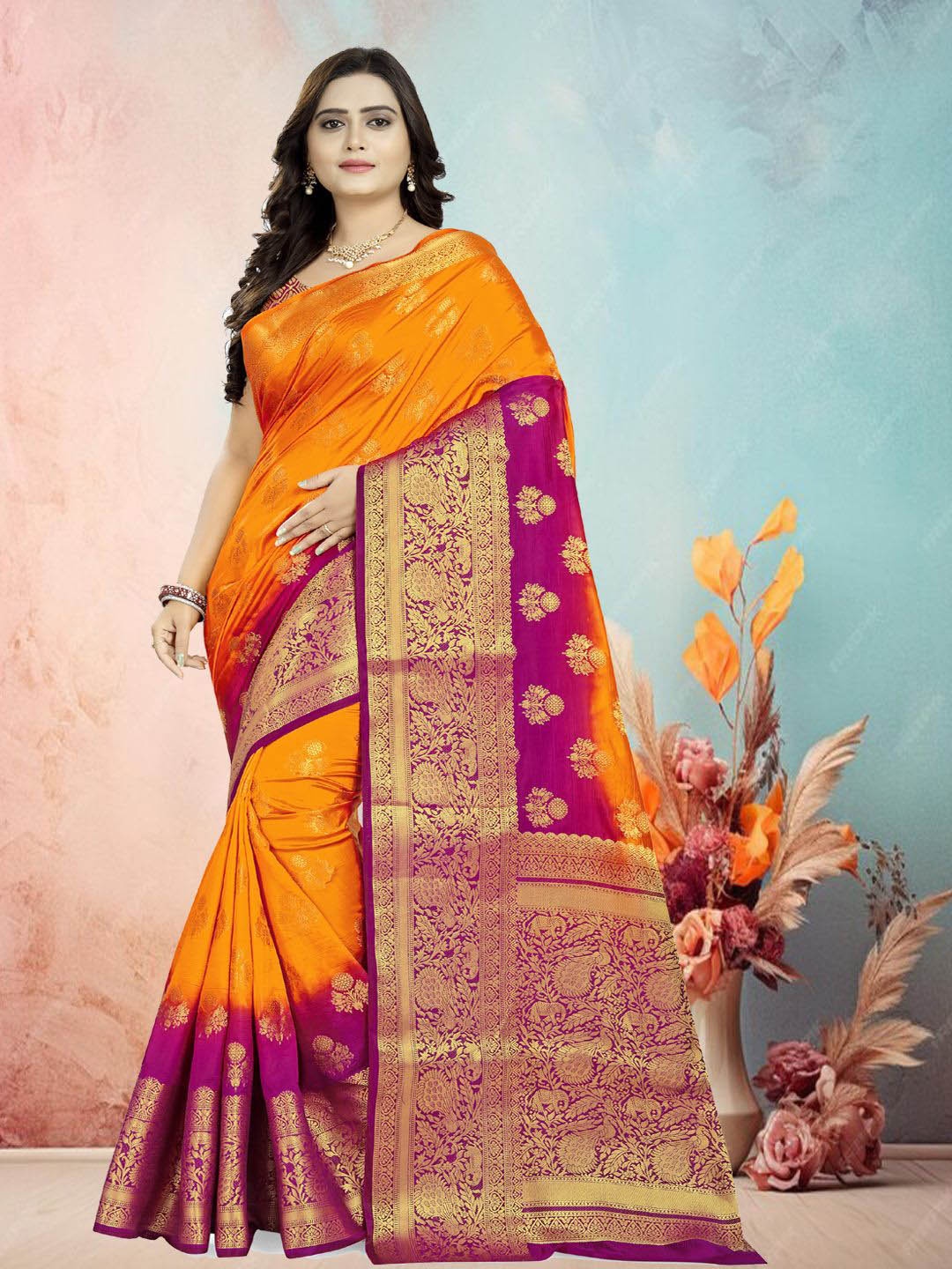 

DIVASTRI Woven Design Zari Pure Silk Banarasi Saree, Orange