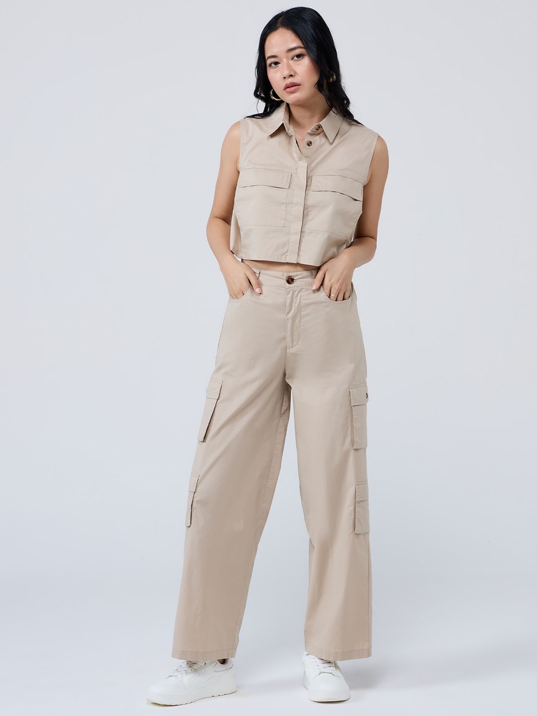 

20Dresses Shirt Collar Crop Shirt With Trousers, Beige