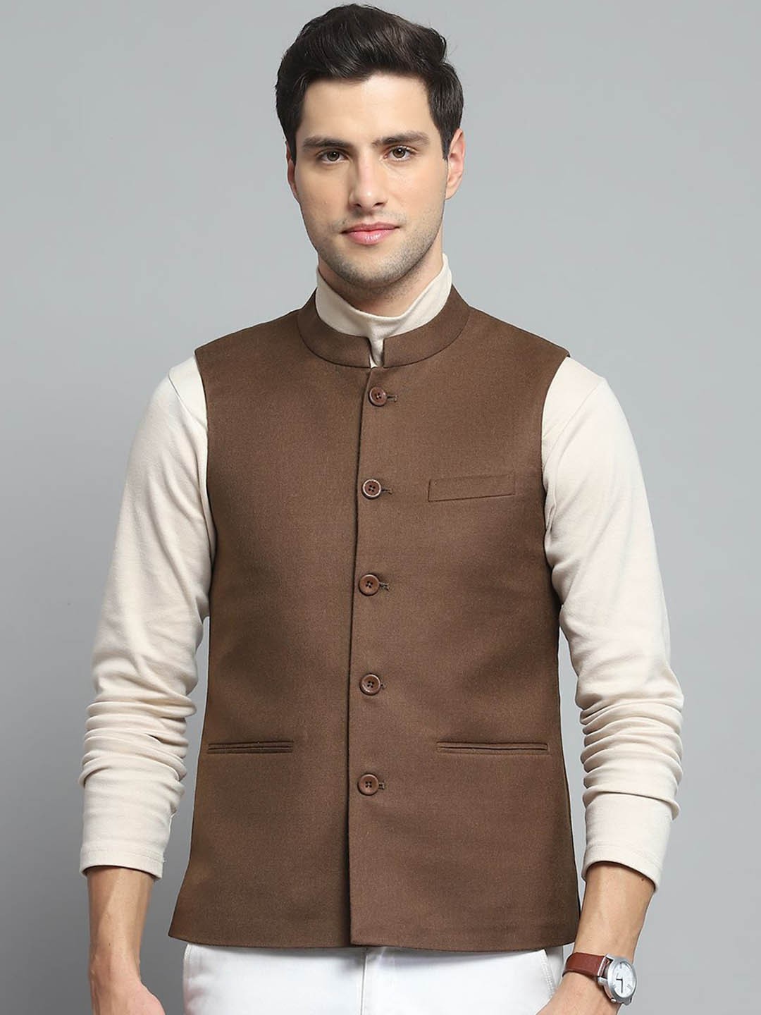 

Monte Carlo Sleeveless Woven Nehru Jacket, Brown