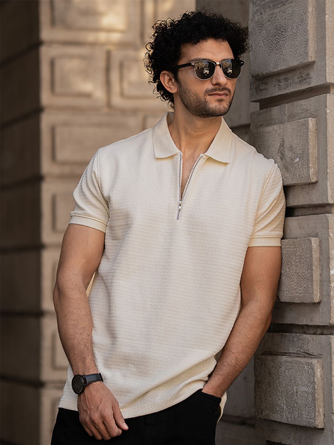 

Powerlook Men Self Design Polo Collar Regular Fit Cotton T-shirt, Beige